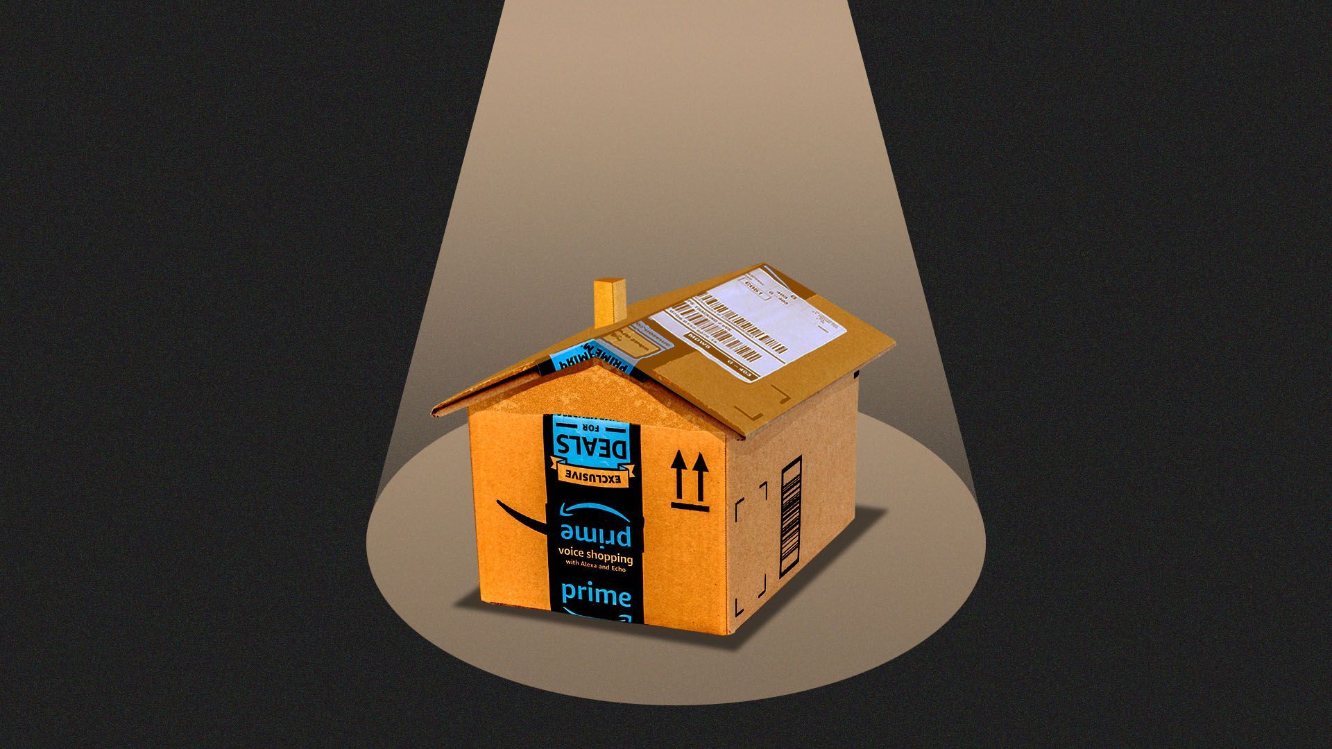 An illustration of a house, in the guise of an Amazon package, under a spotlight