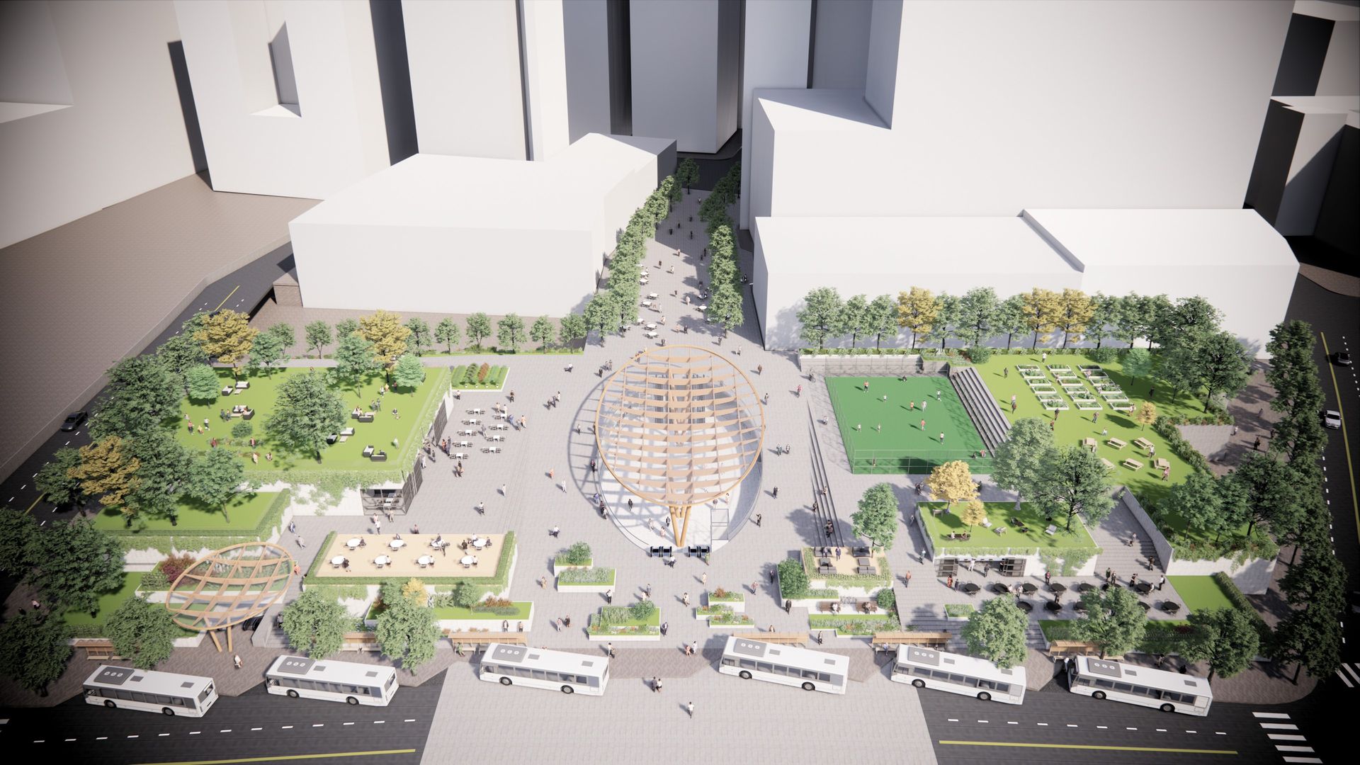 An aerial rendering of MARTA's Five Points station with a greener plaza and no large concrete canopy