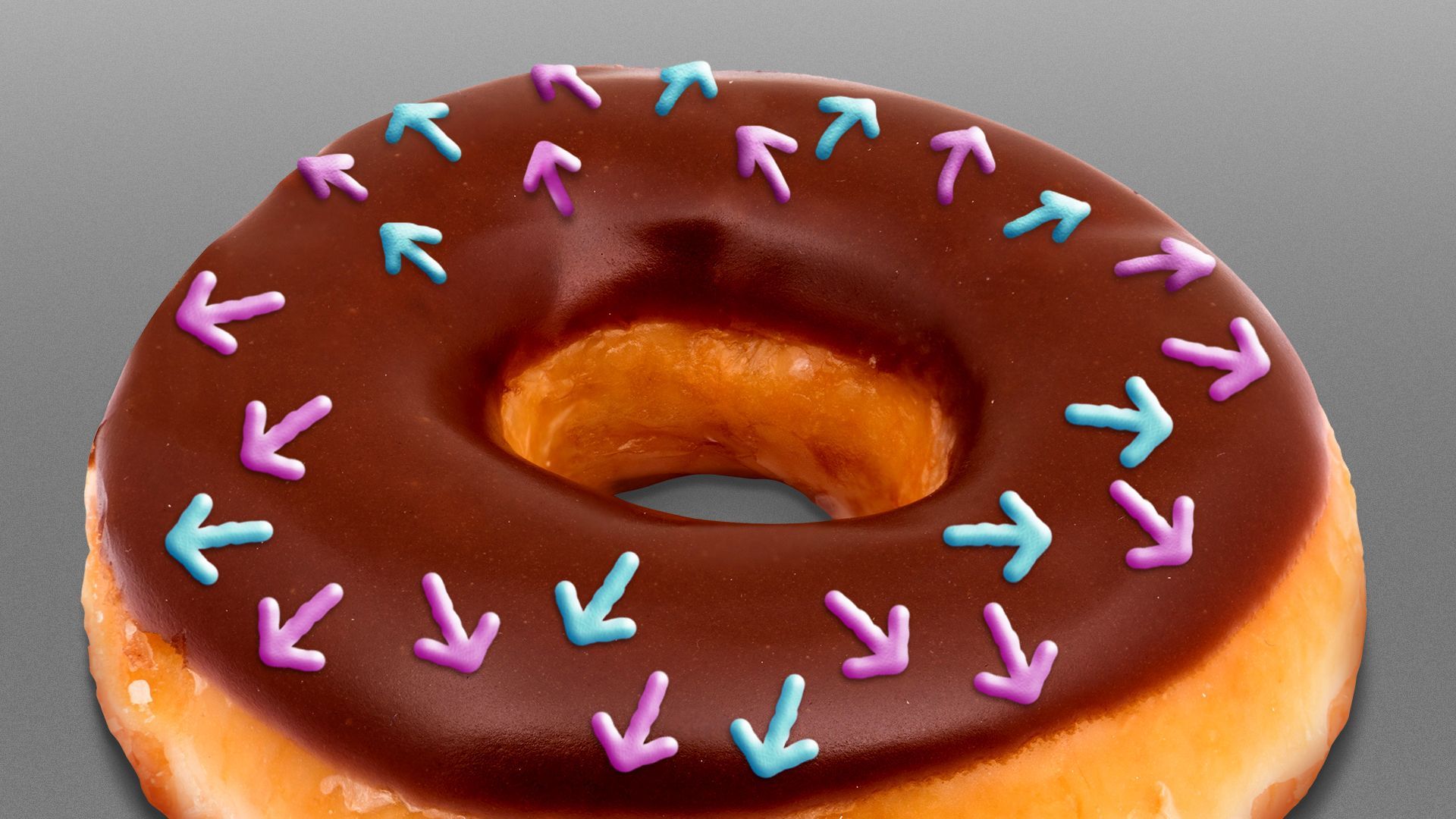 Illustration of a chocolate glazed donut with arrow-shaped sprinkles pointing outwards