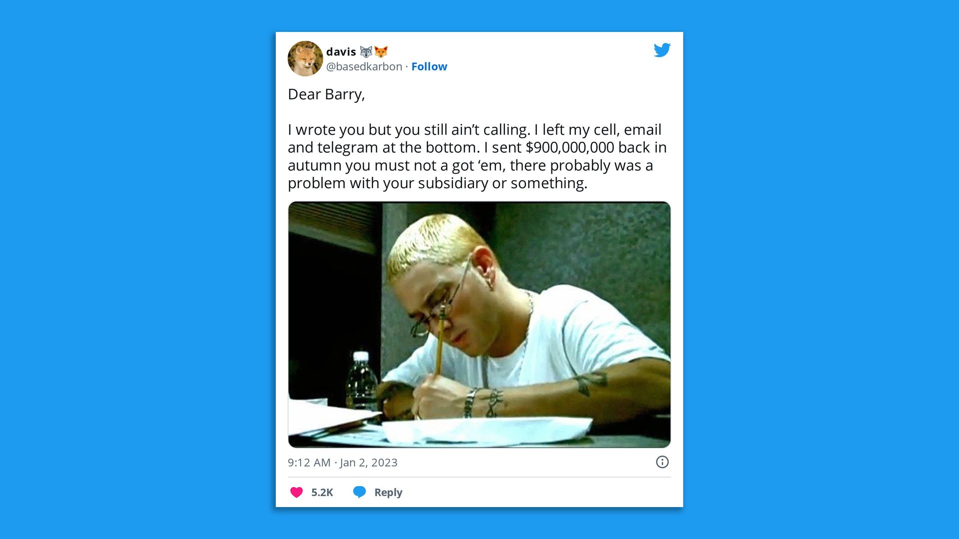 Still of rapper Eminem's music video "Stan" 