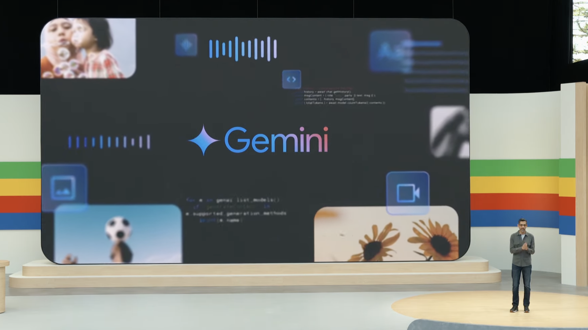 Photo of Google CEO Sundar Pichai on stage at Google I/O