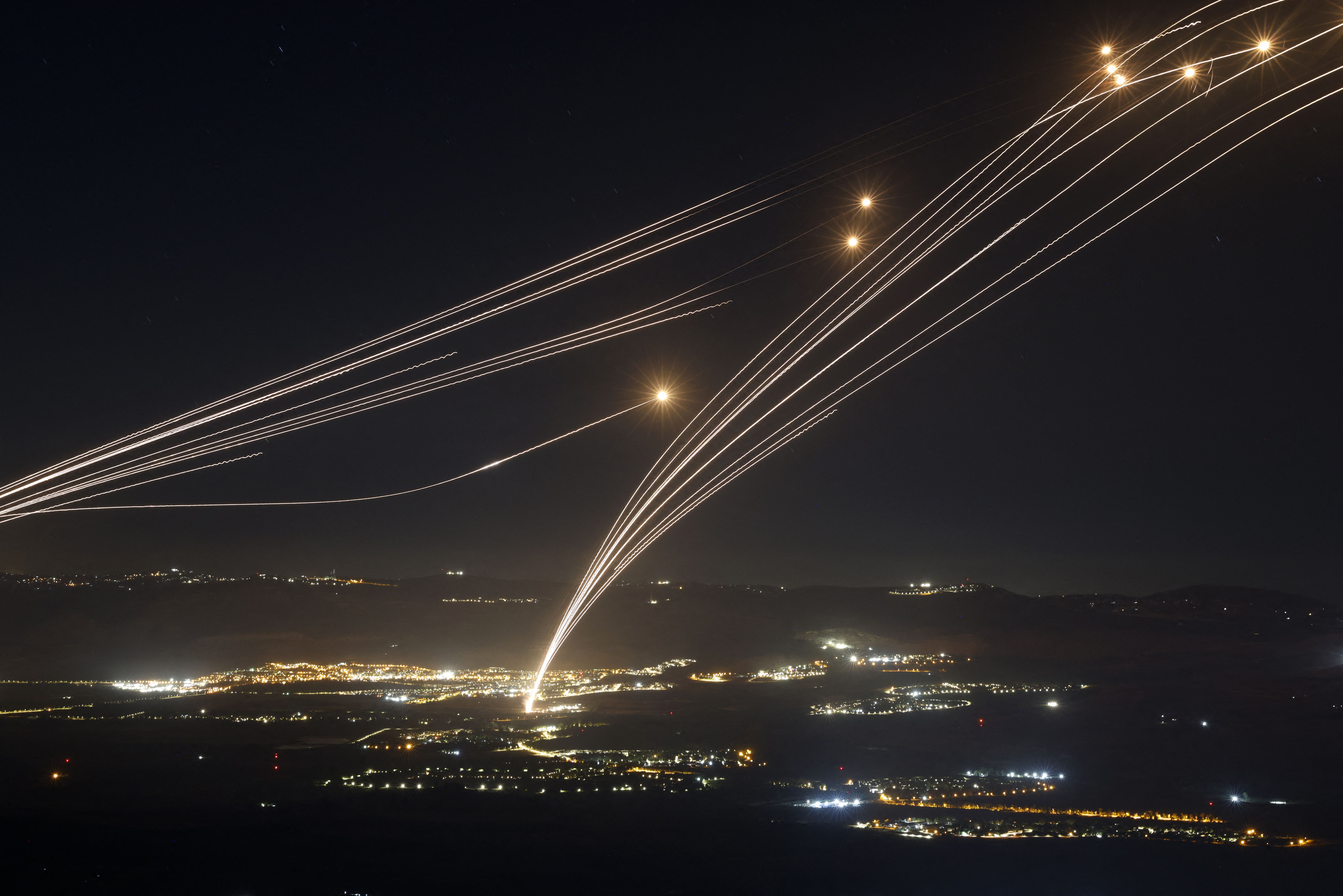 Israel's Iron Dome system intercepts rockets fired from southern Lebanon yesterday.