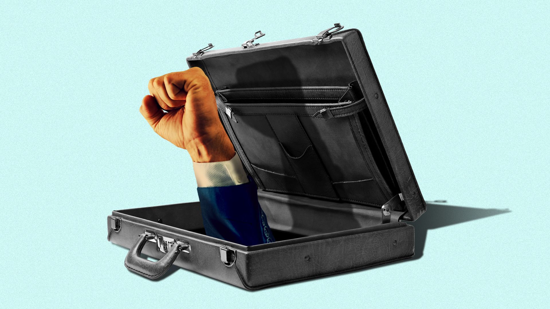 Illustration of a raised fist coming out of a briefcase