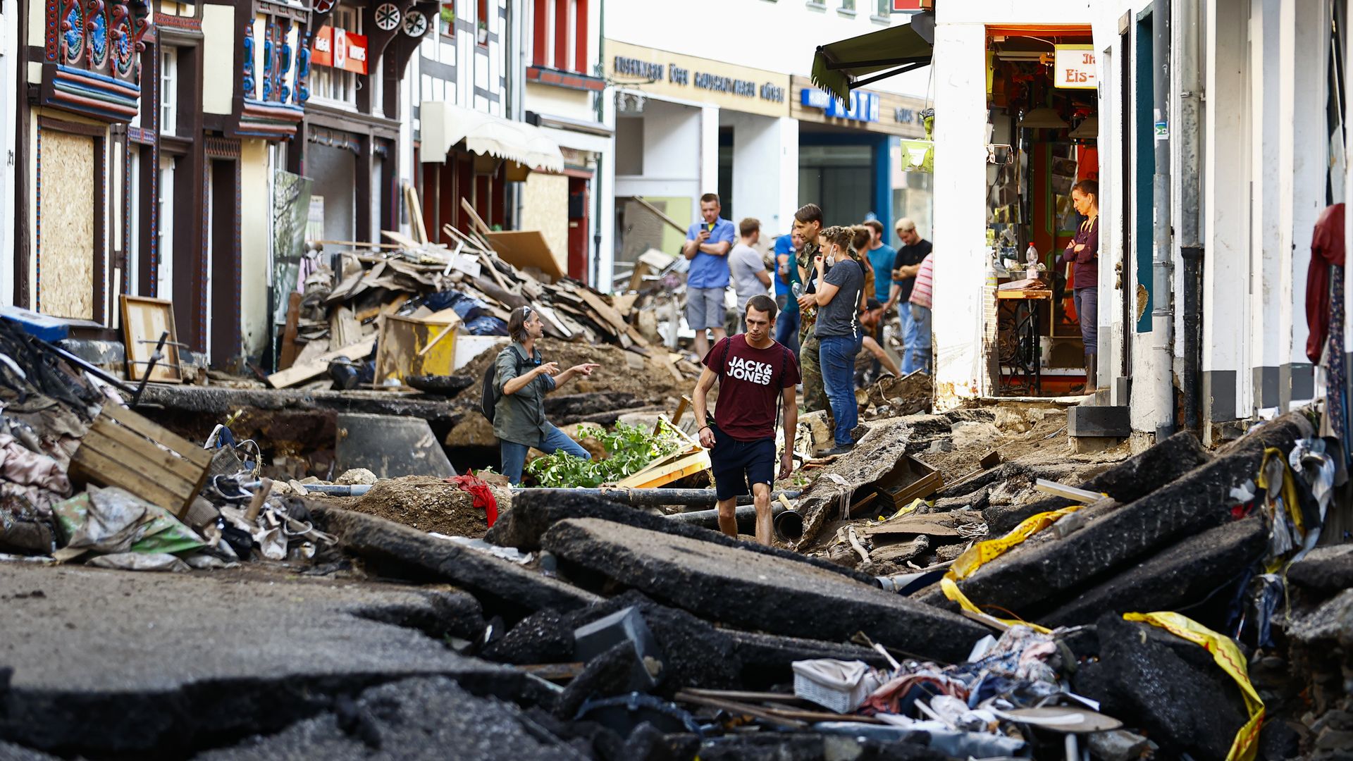 Damage from flooding on a narrow street in Germany.