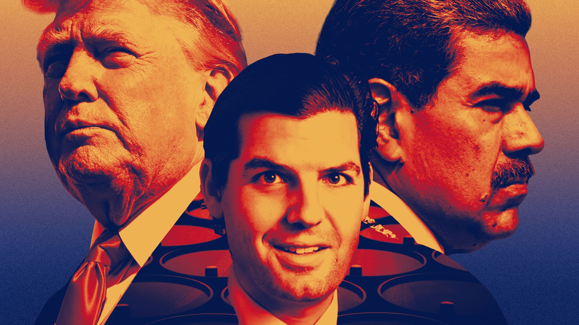 Photo illustration of President Trump, Alejandro Betancourt Lopez, and Alejandro Betancourt Lopez with an overlay of oil barrels 