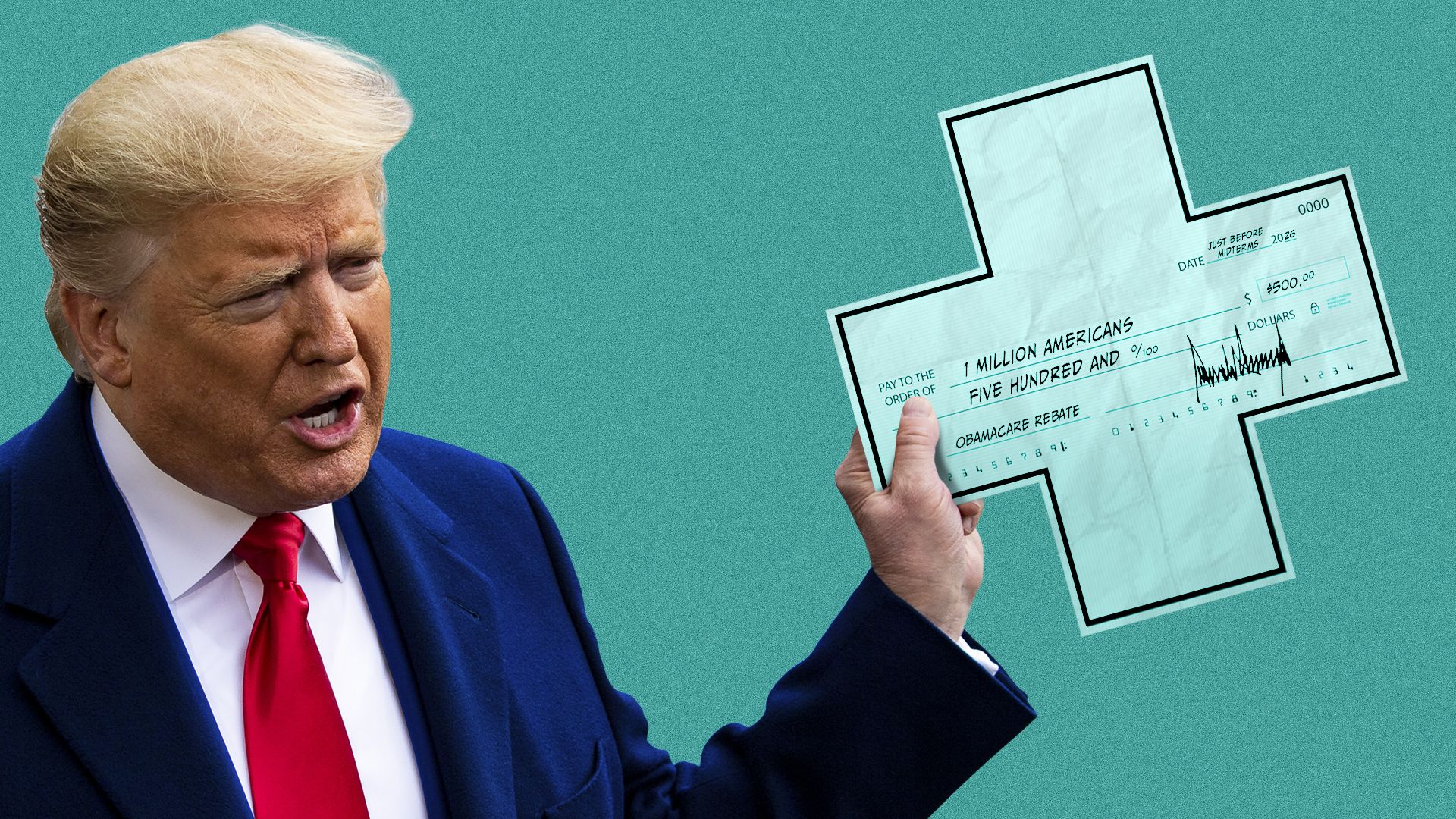 Photo illustration of President Trump holding a check in the shape of a a health care cross