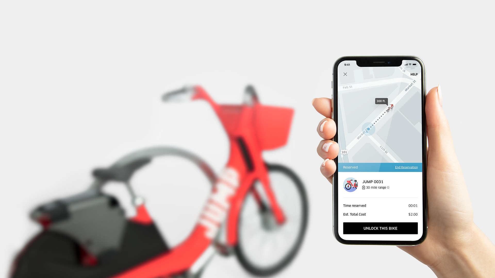 Uber's app, showing the option to book a JUMP bike. 