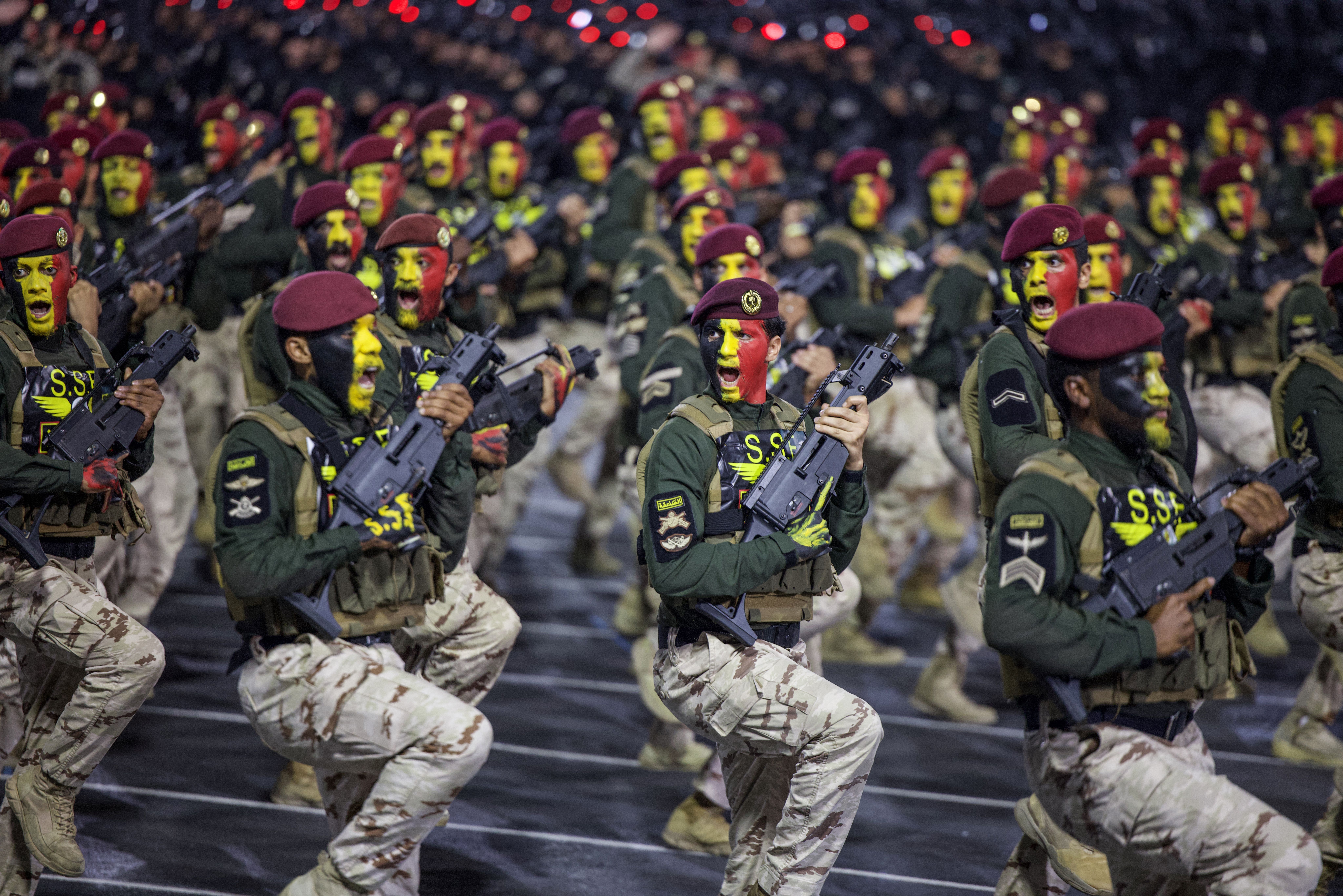 Saudi security forces march in a parade yesterday ahead of the Hajj pilgrimage, amid concerns that the Iran war could complicate the massive annual religious gathering. Photo: Zain Jaafar/AFP via Getty Images