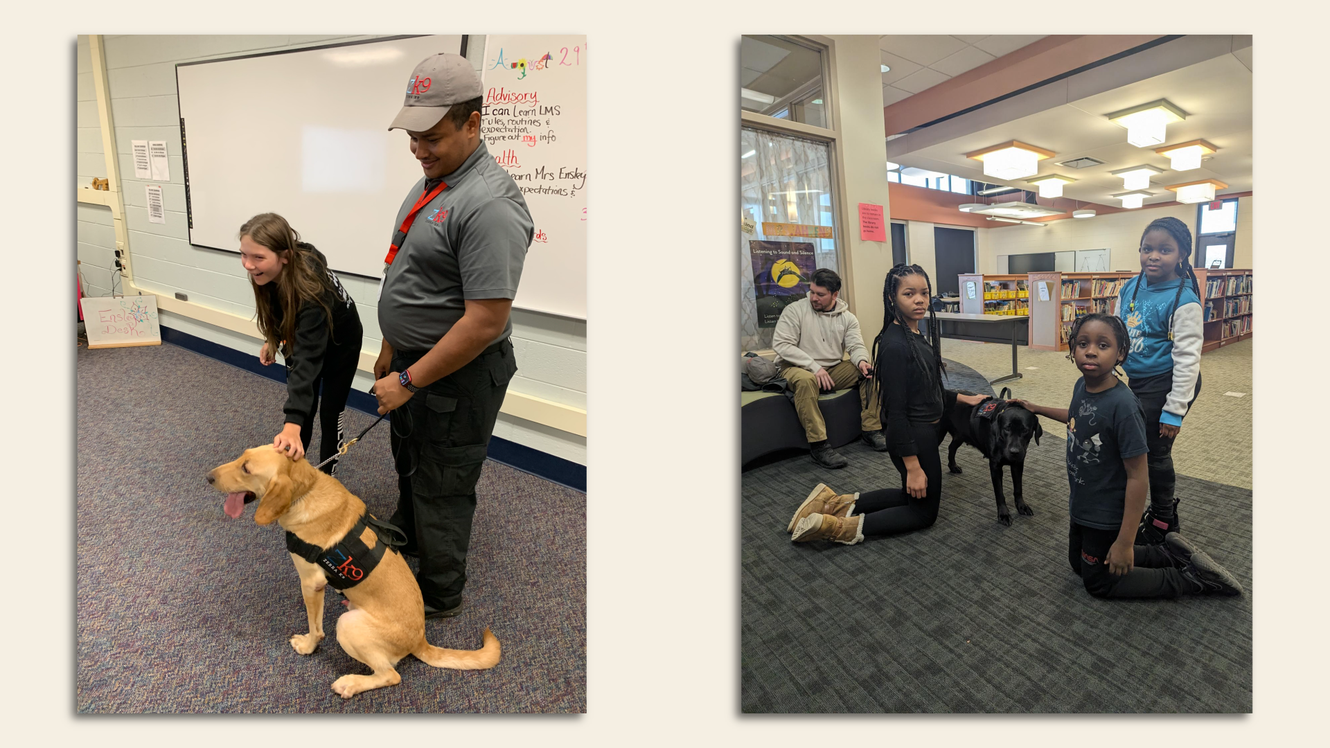 Students are shown in two pictures petting the dogs.