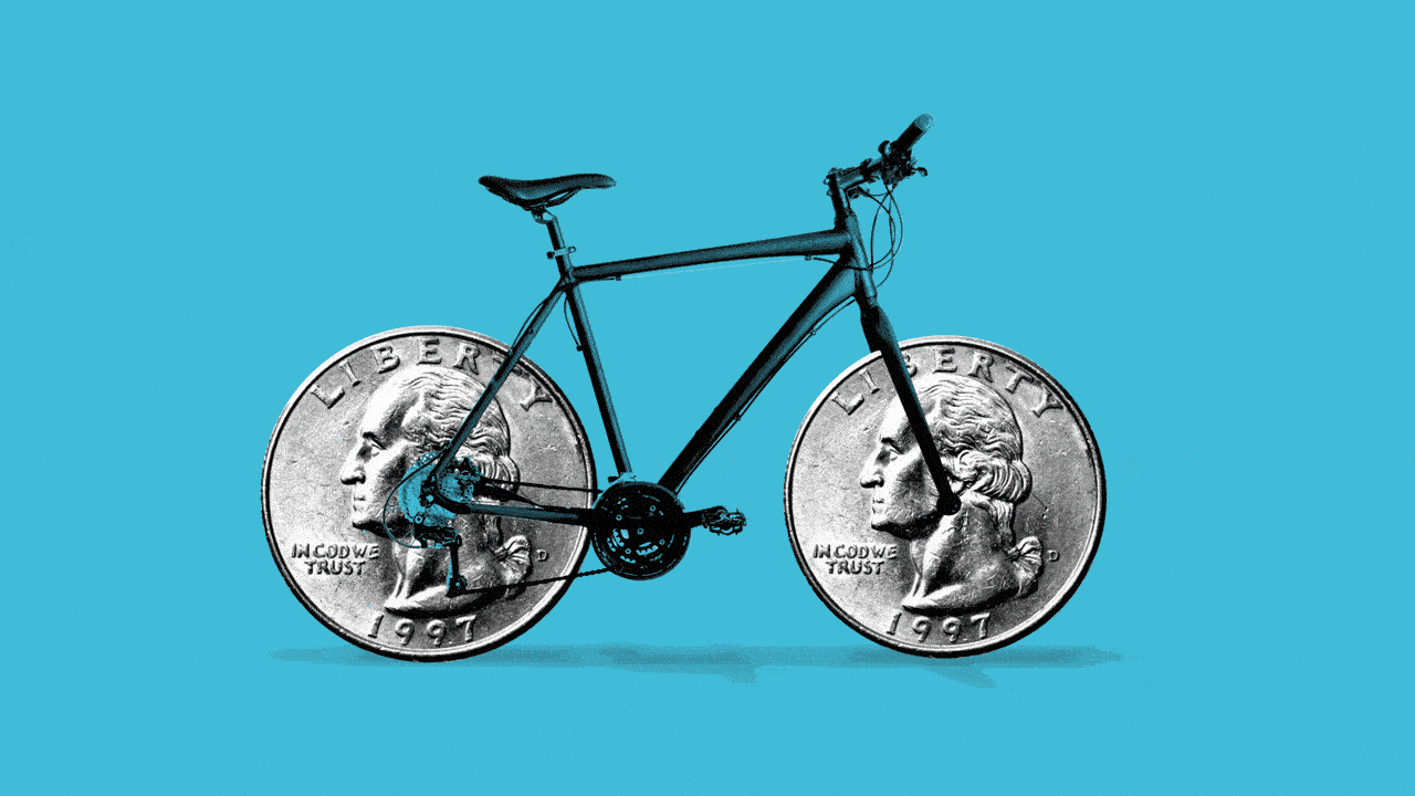 Illustration of a bike with quarters for wheels.
