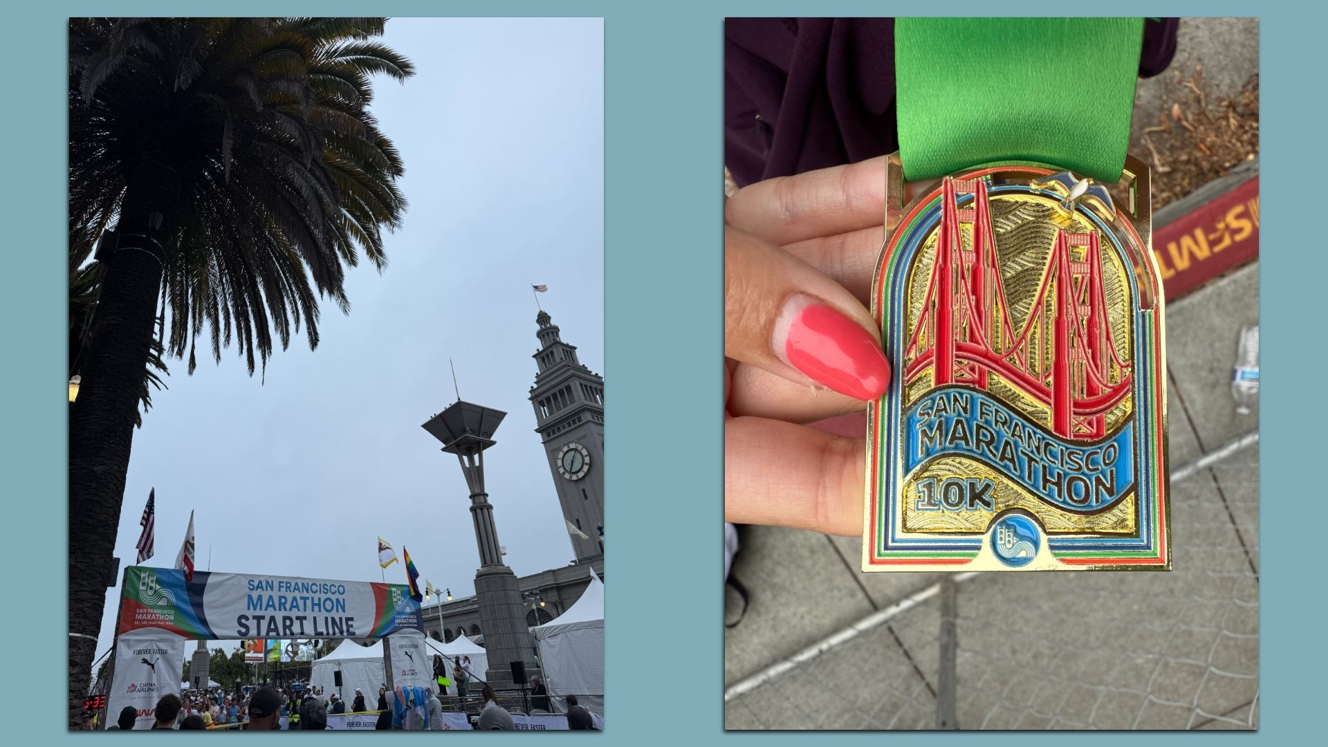 Crowd at San Francisco Marathon start line under palm tree and the Ferry Building; and a photo of a hand holding a colorful medal with the Golden Gate Bridge and 10K text on a green ribbon.