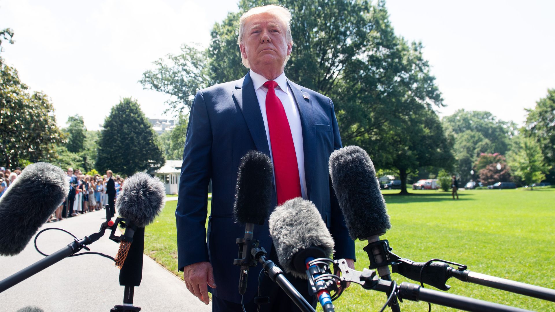  President Donald Trump speaks to the media prior to departing from the South Lawn of the White House in Washington, DC, July 5.