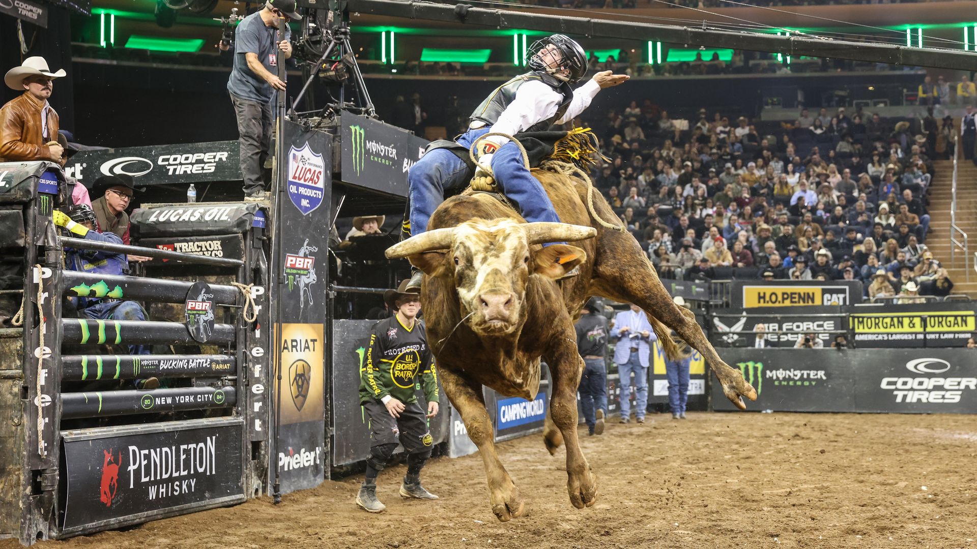 A professional bull rider competes during the round 1 of the PBR (Professional Bull Riders) Unleash the Beast tour at Madison Square Garden, New York City, United States on January 05, 2024.