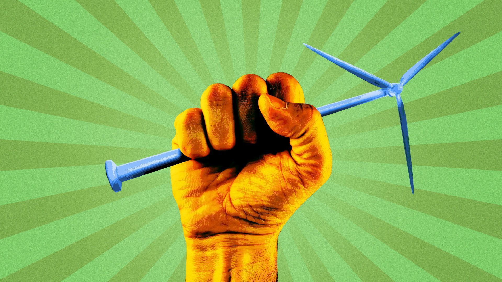 Illustration of a fist tightly clenching a wind turbine
