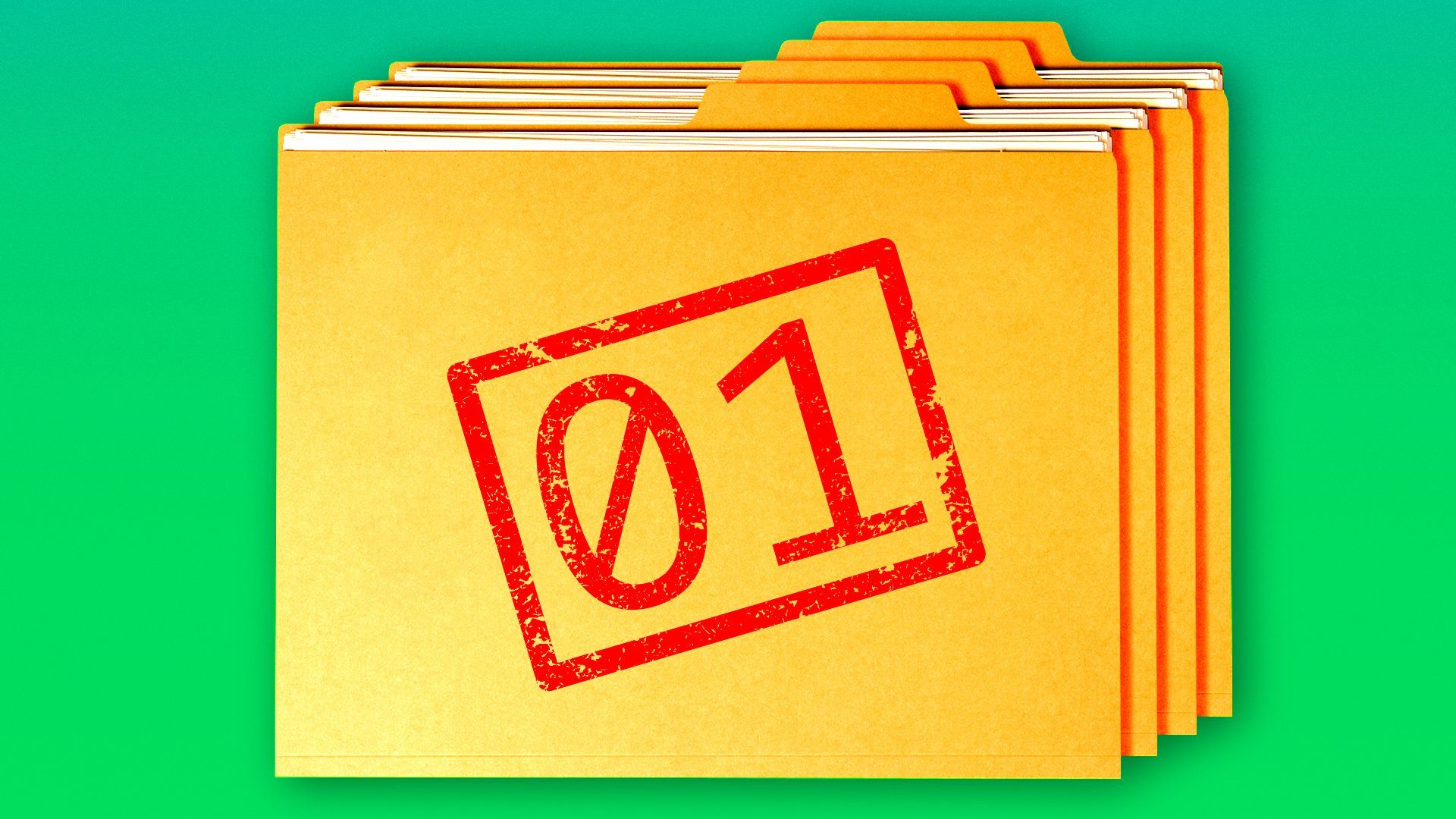 Illustration of a stack of manila folders with a binary code stamp on the front