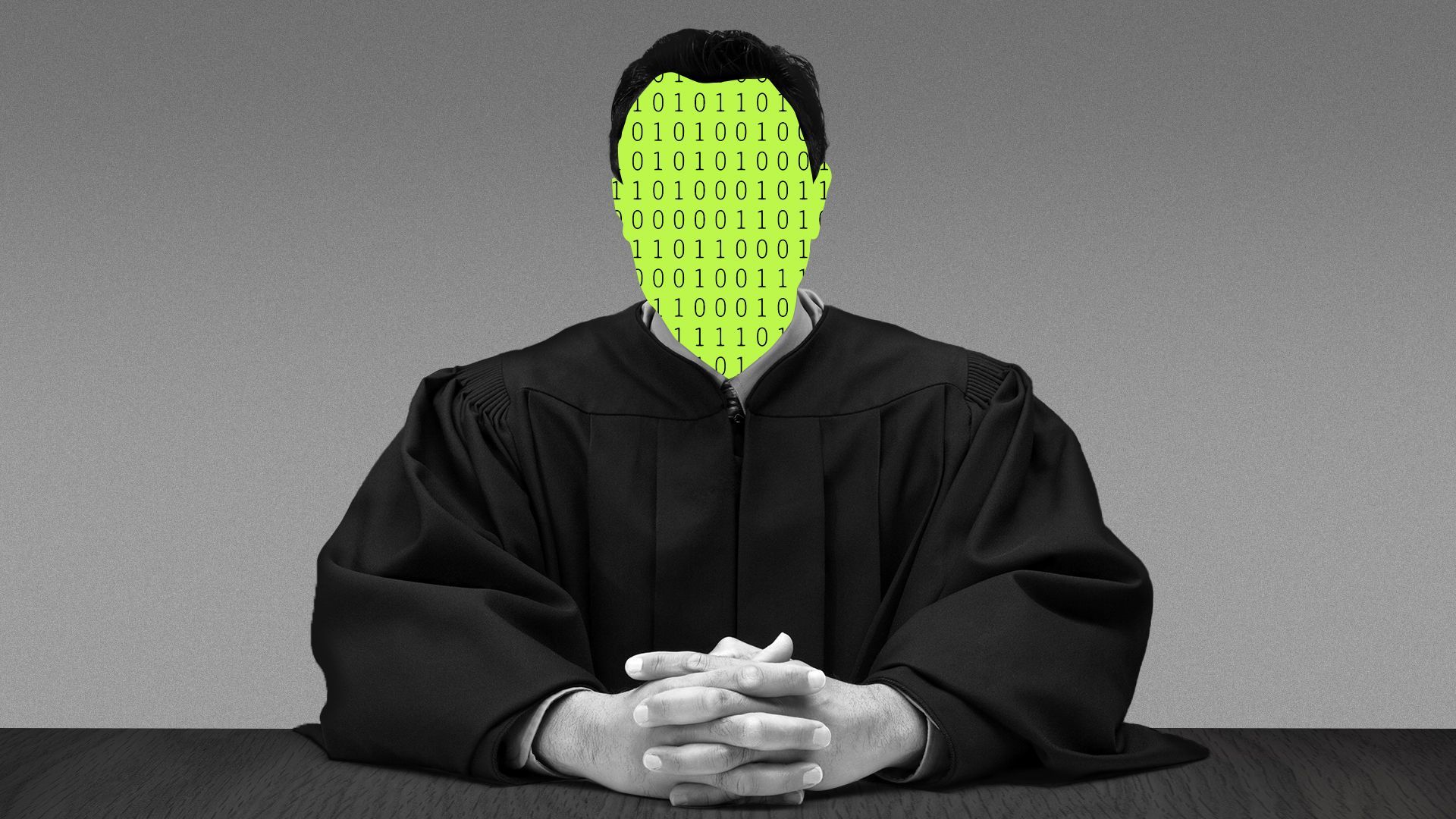 Illustration of a judge with a face made of binary code.