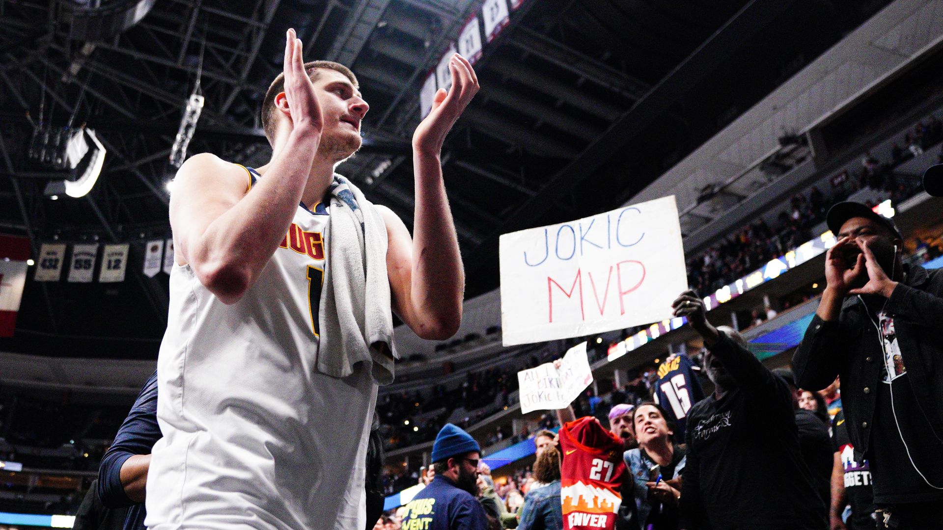 Denver Nuggets star Nikola Jokic walks off the court. Photo: Ethan Mito/Clarkson Creative/Getty Images
