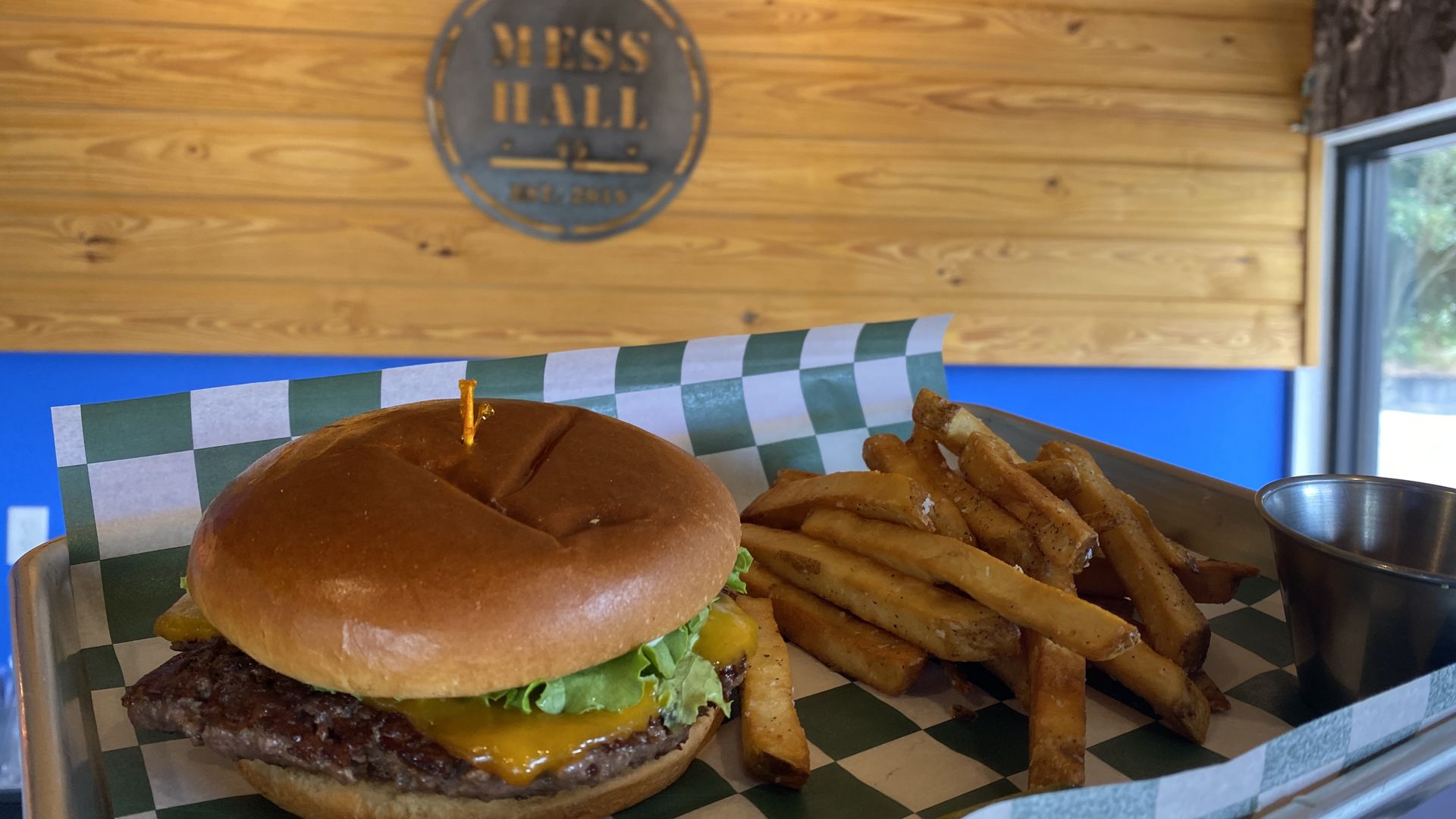 A photo of a burger and fries. 