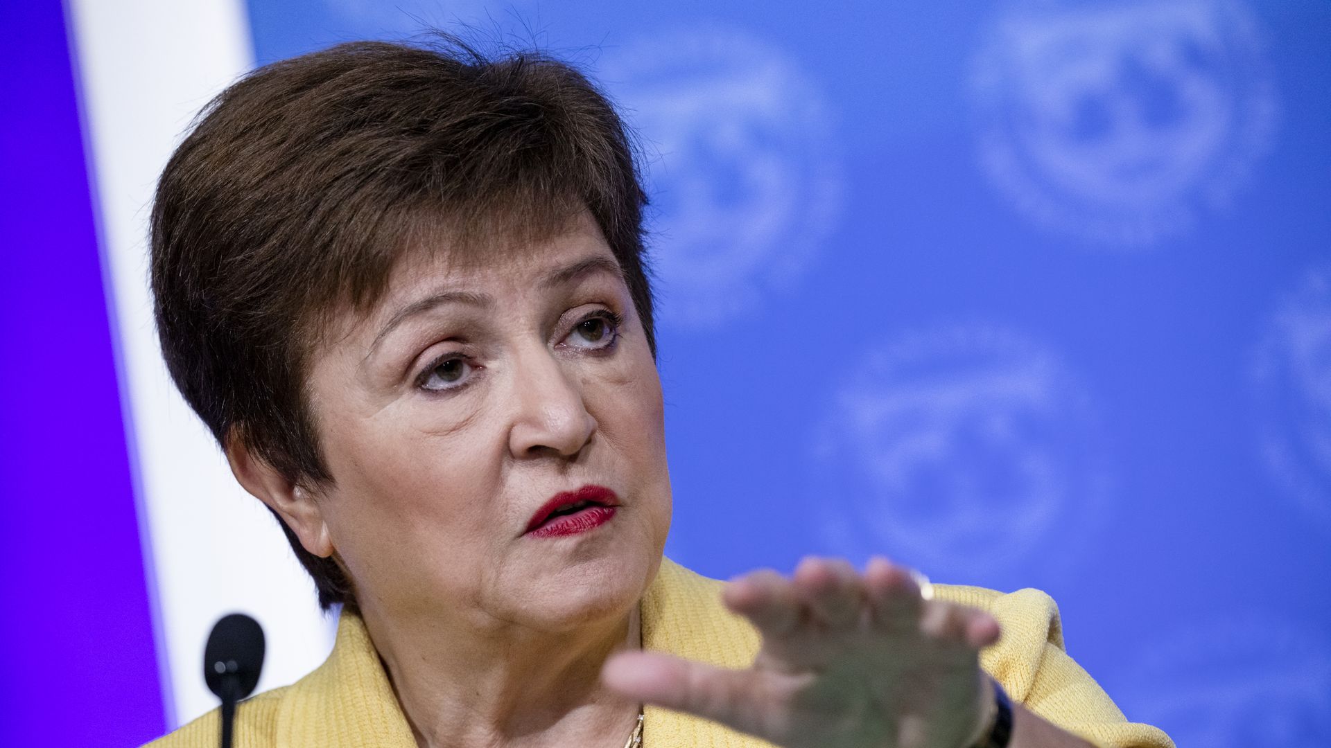 MF Managing Director Kristalina Georgieva is seen speaking during a news conference.