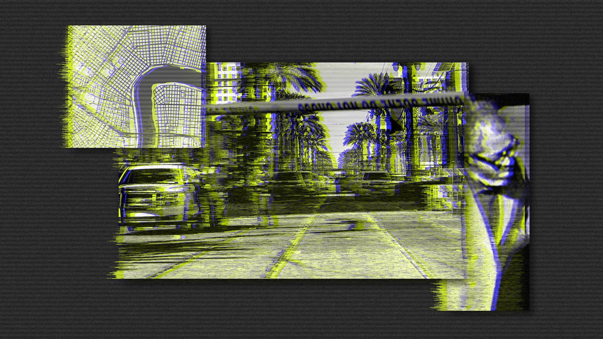 Photo illustration of a collage of digitally distorted images, including a map of a section of downtown New Orleans, a photo of the French Quarter after the New Year's Day truck attack, and a surveillance photo of Shamsud-Din Jabbar.