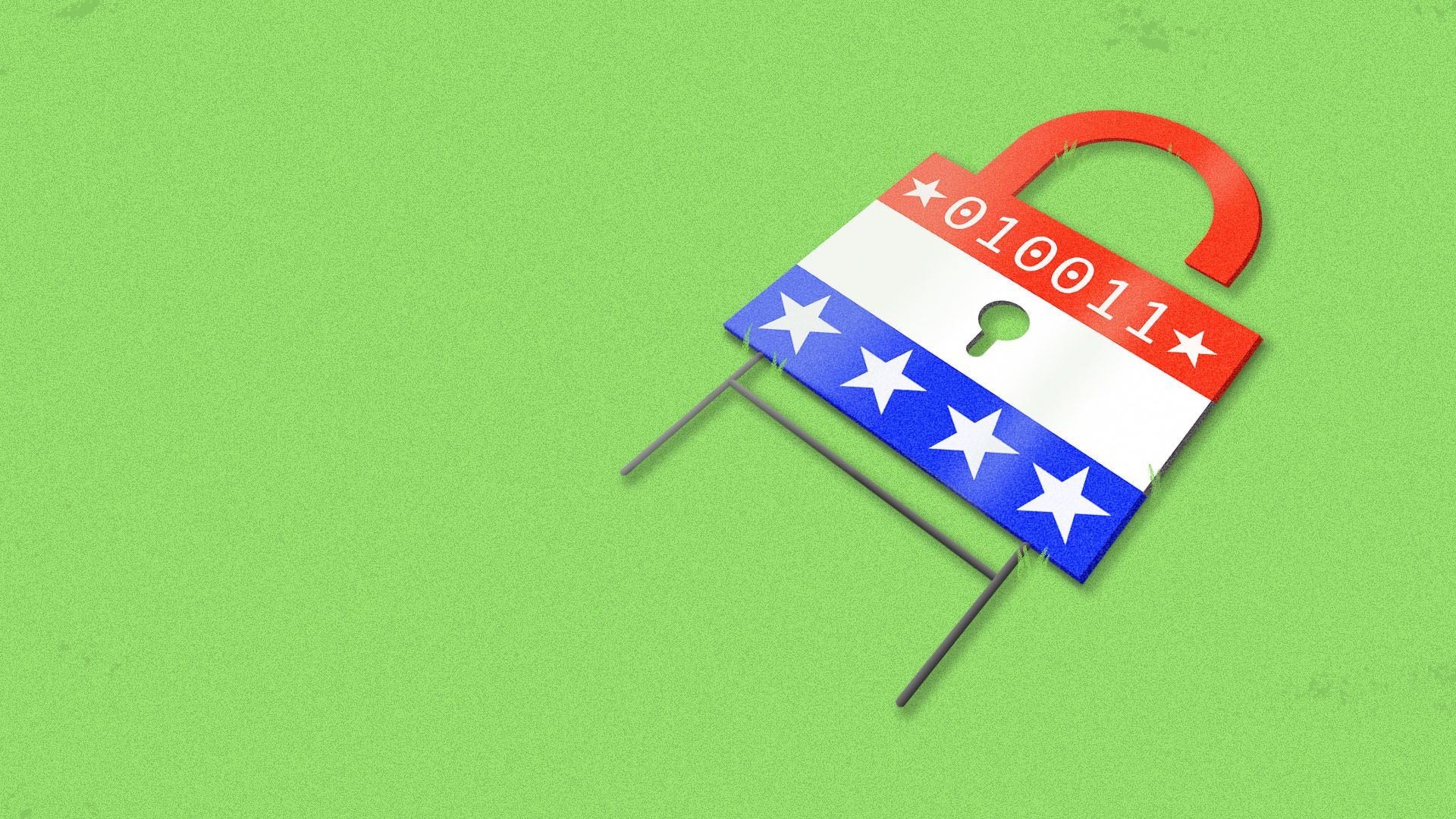 Illustration of campaign yard sign in the shape of a padlock on the ground