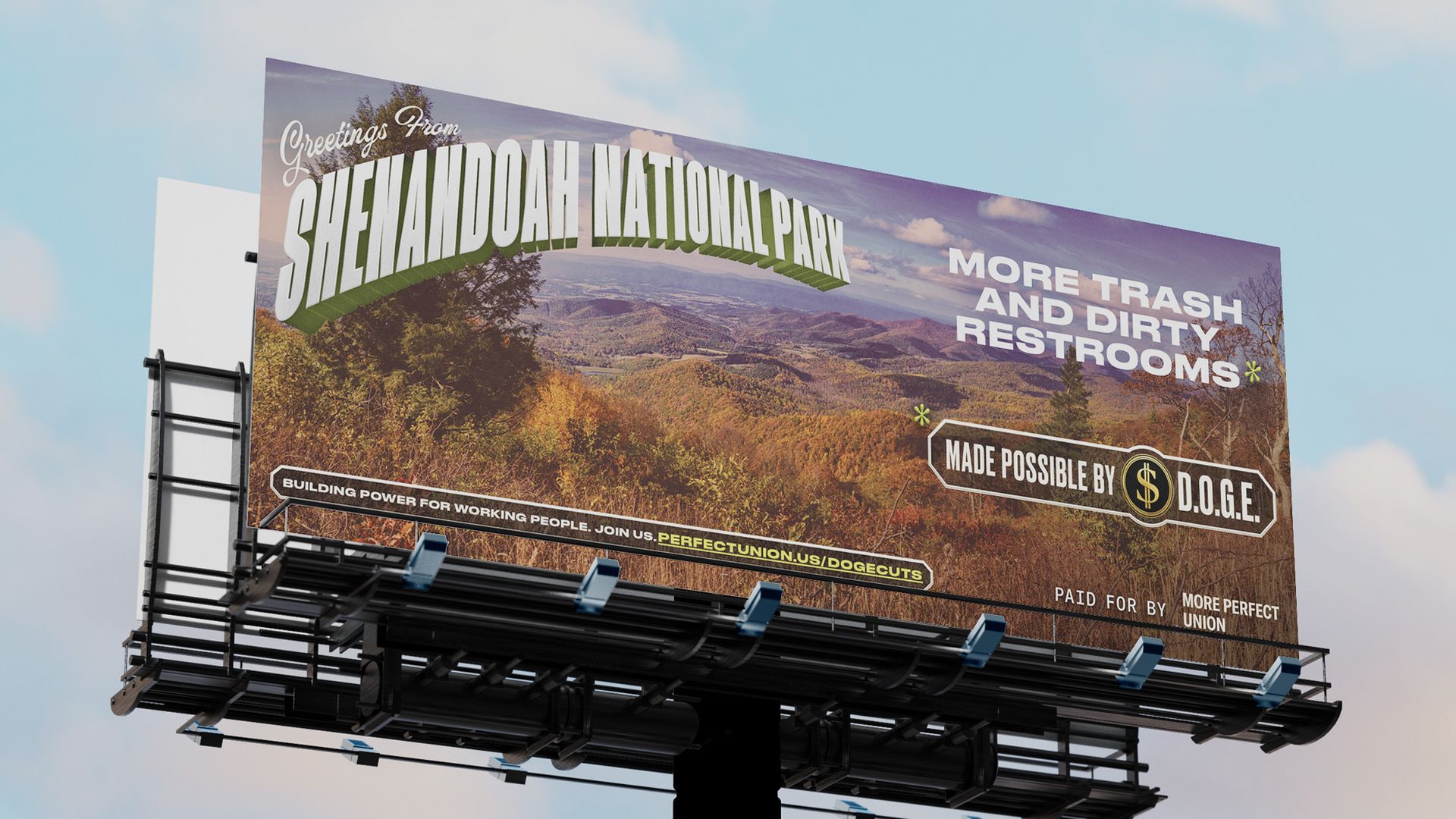 a billboard that says Greetings from Shenodah - more trash and dirty bathrooms 