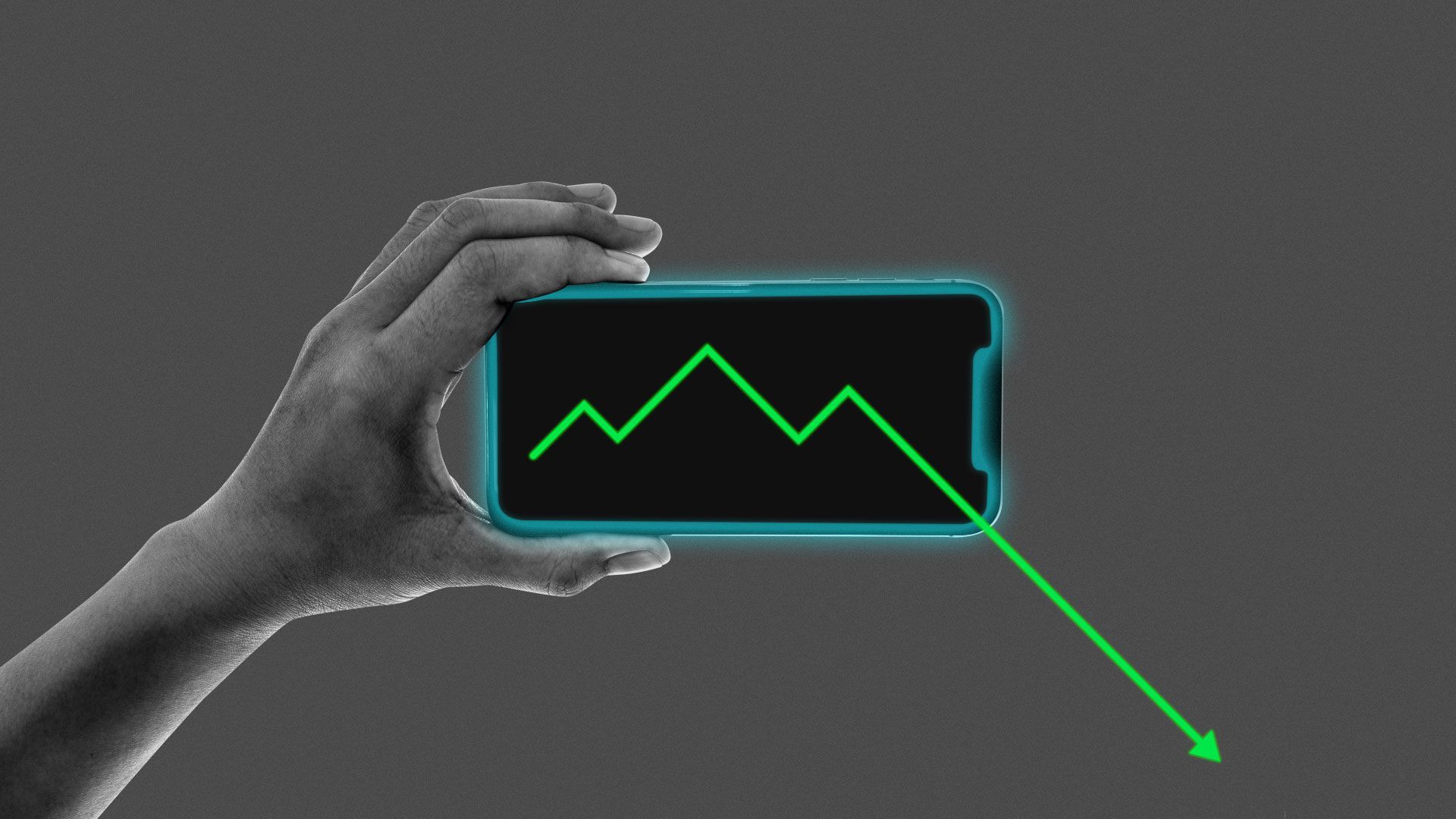 Illustration of person holding a smartphone with a downward trending line graph