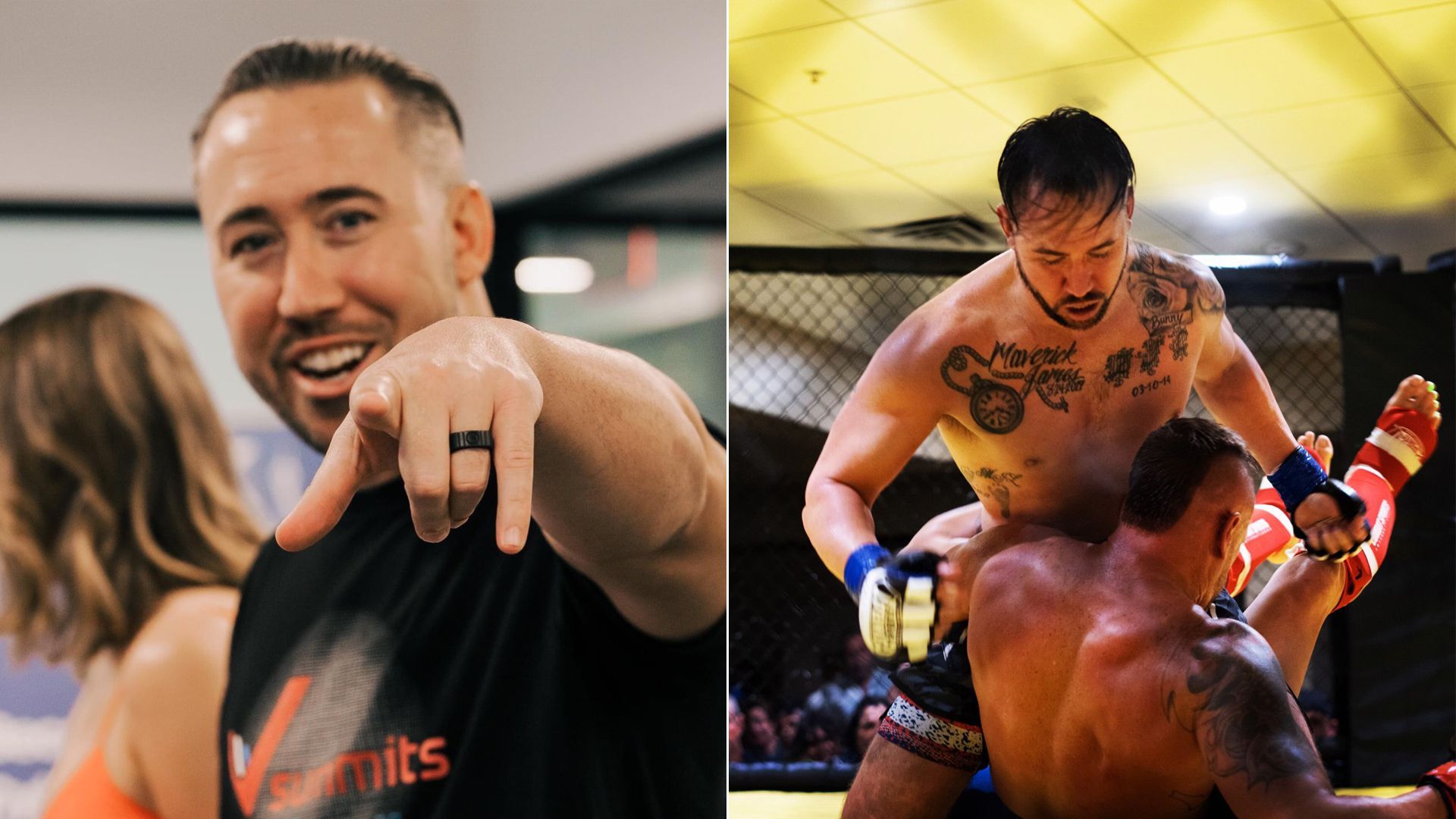A photo collage of Stan Liberatore repping Vsummits and fighting in the ring.