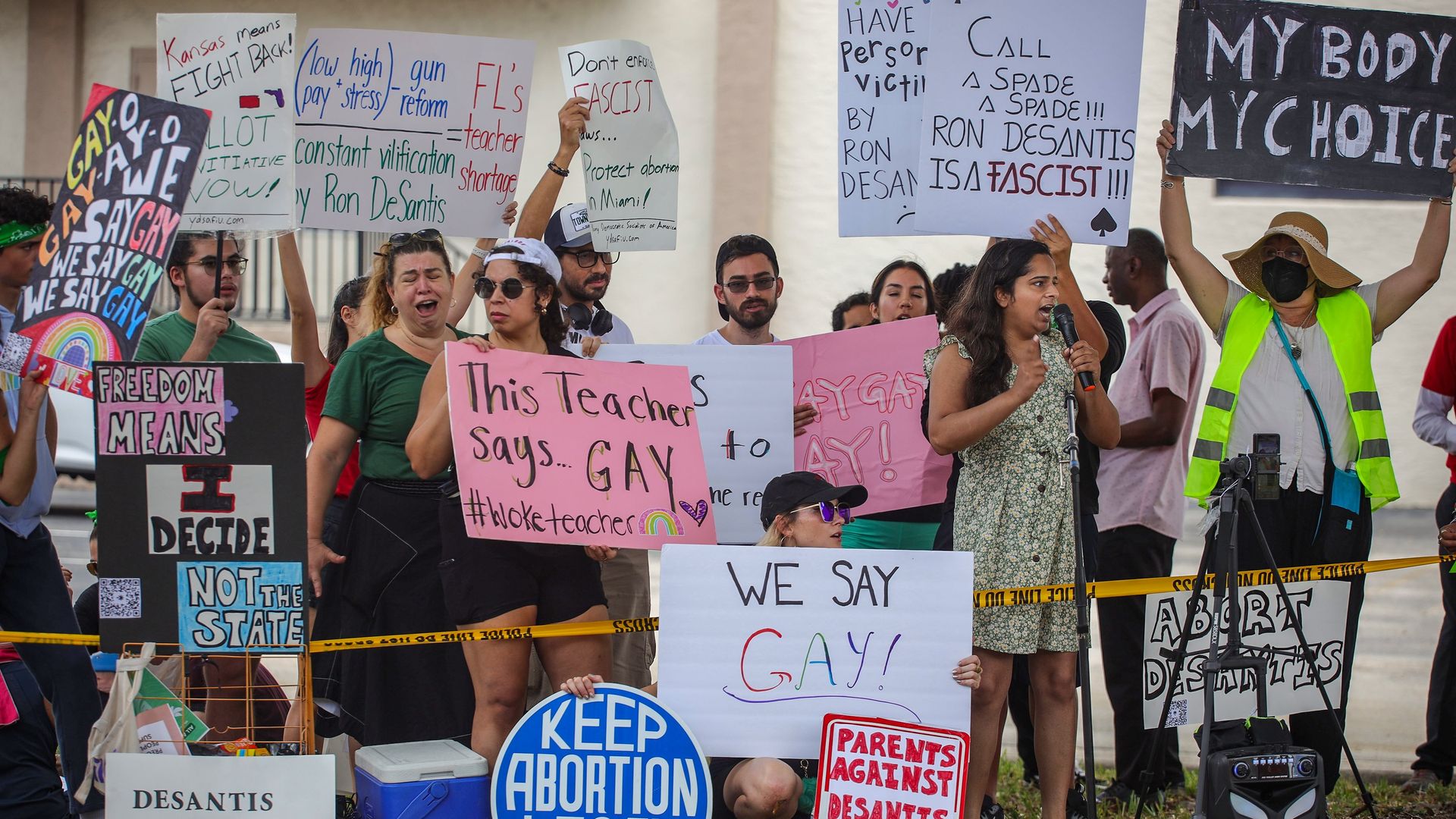 Picture of protesters in Florida who support abortion rights, transgender rights and gay rights.