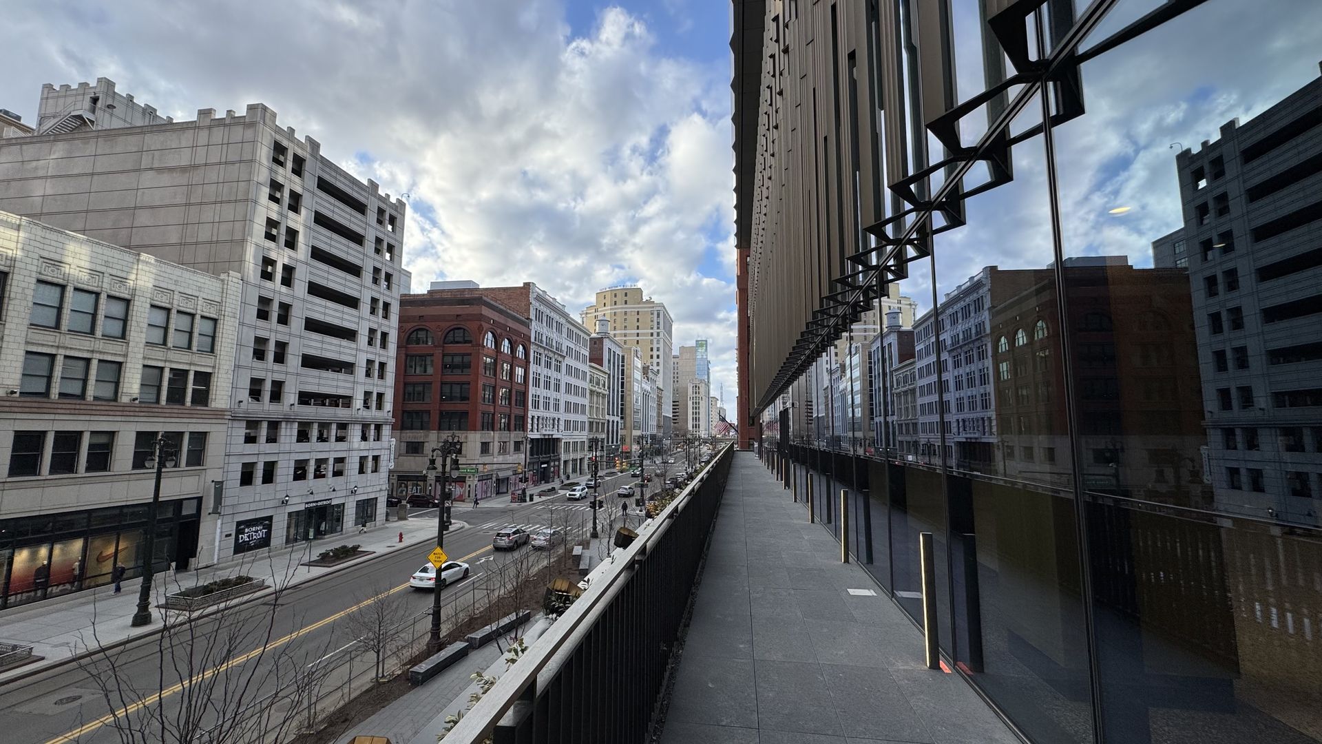 View from a patio along the Hudson's building, of Woodward Avenue buildings.