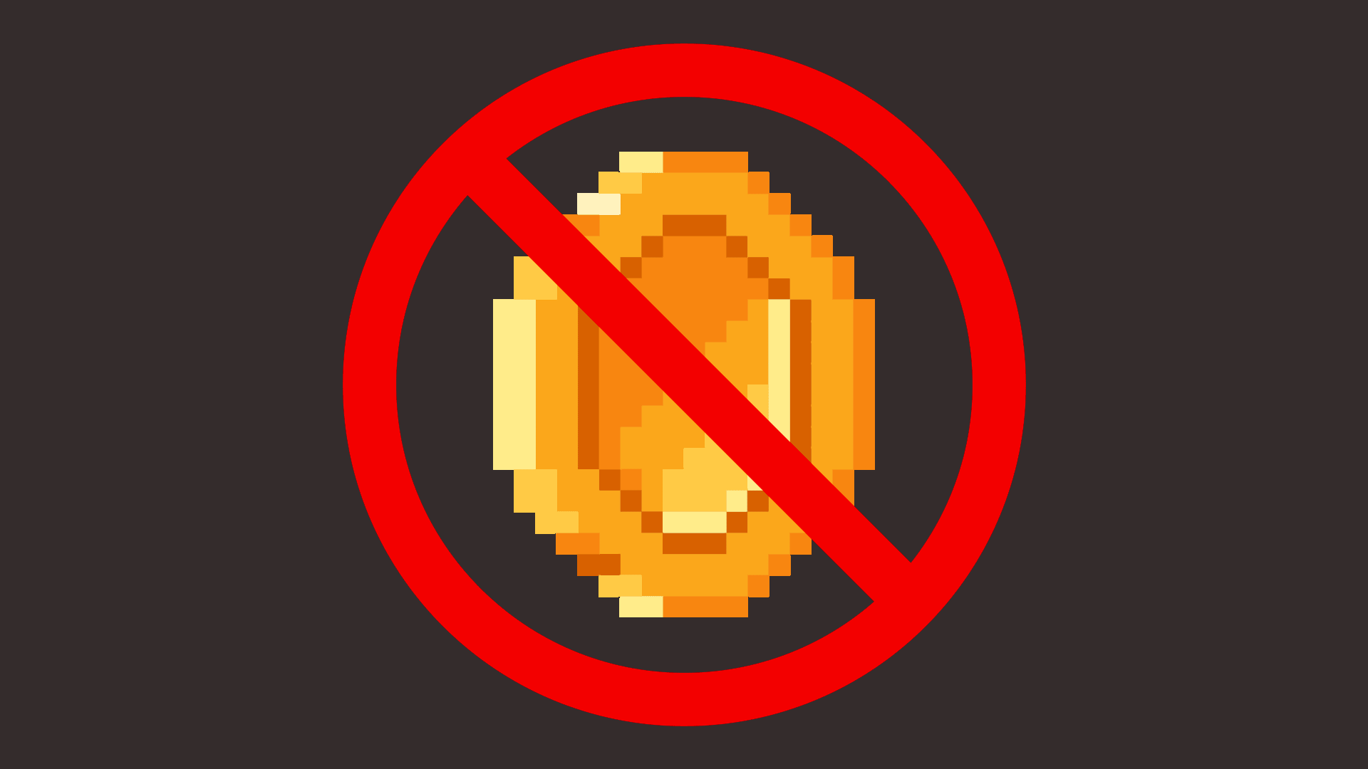 Illustration of a pixel coin spinning behind a No symbol.