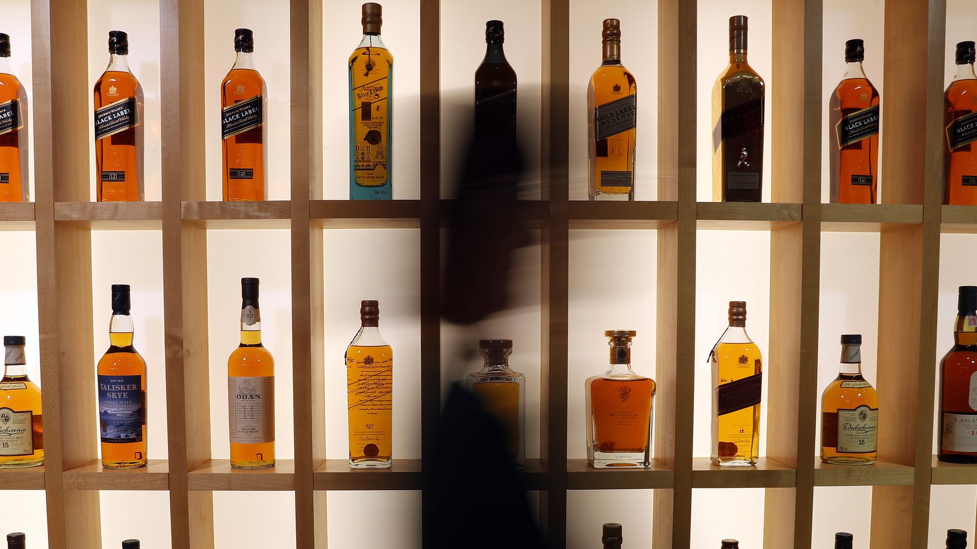A wall of whiskey bottles