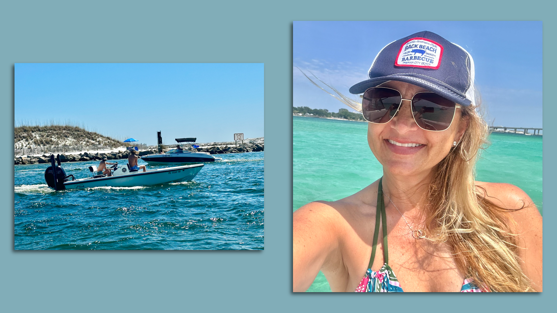 In a side-by-side pair of photos, a speedboat is seen cruising along a beachfront and Leigh Adams Deutcsh smiles in a selfie.