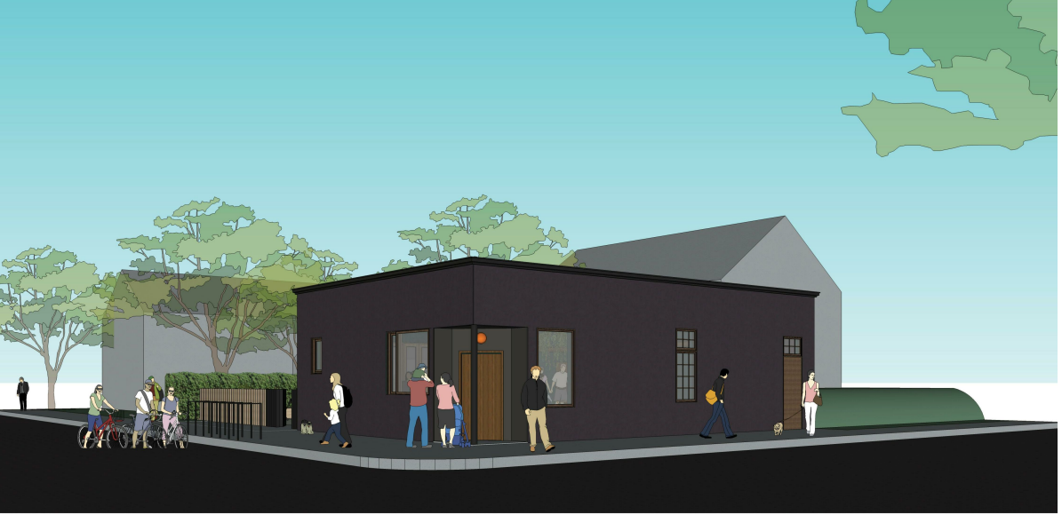 A rendering of a black building on the corner of a wooded street. People stand outside.