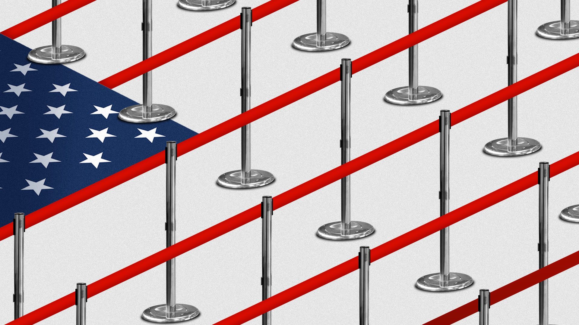 Illustration of a queue of airport stanchions and rope in the shape of the U.S. flag