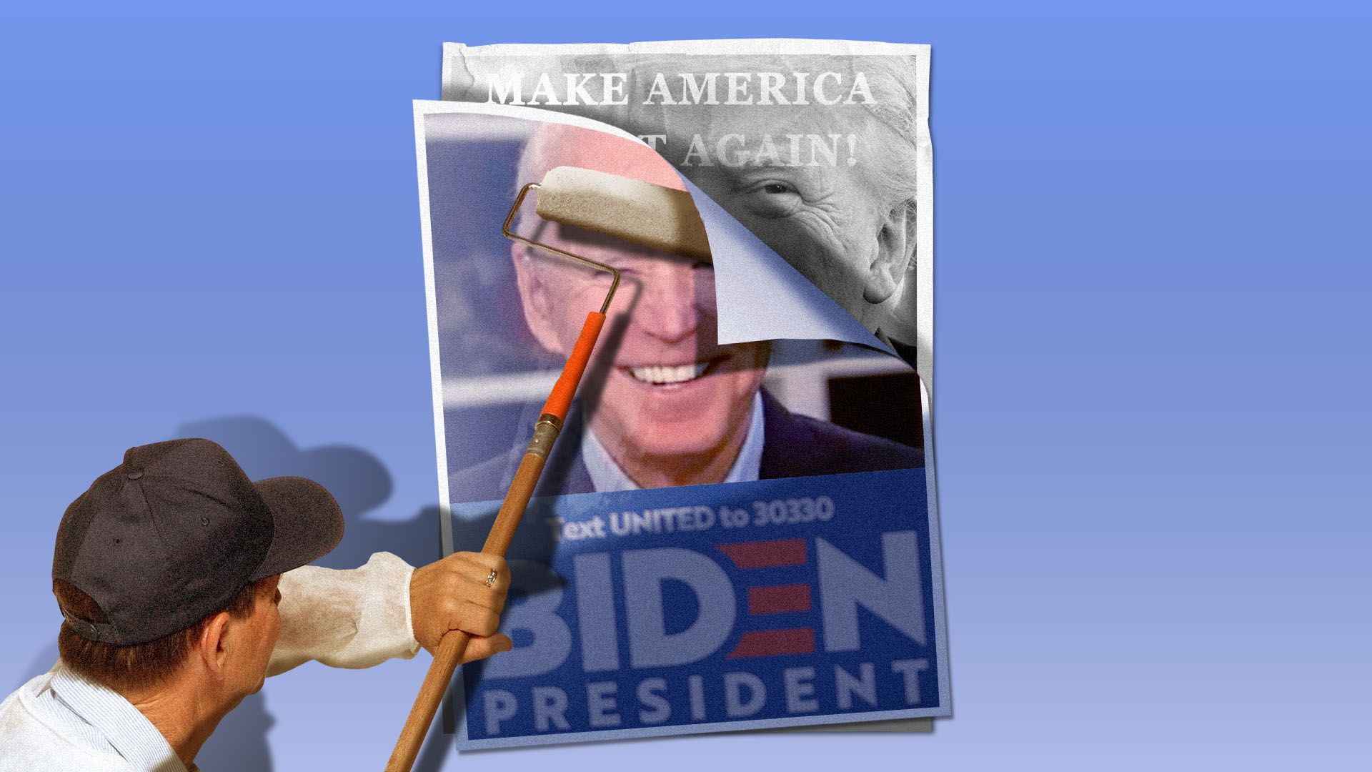Illustration of a person putting up a poster of Joe Biden over an older poster of President Trump