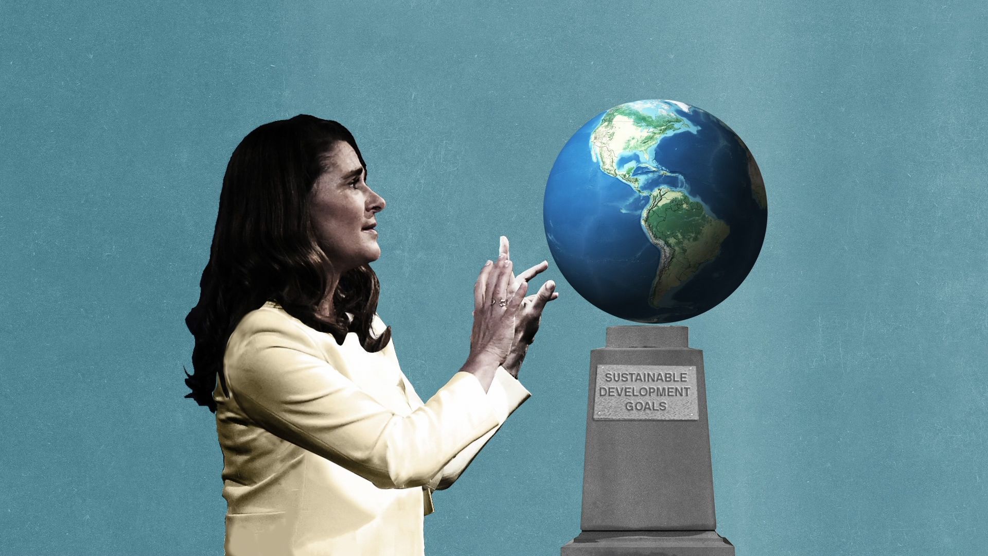 Illustration of Melinda Gates reaching towards a globe on a pedestal that reads "sustainable development goals"