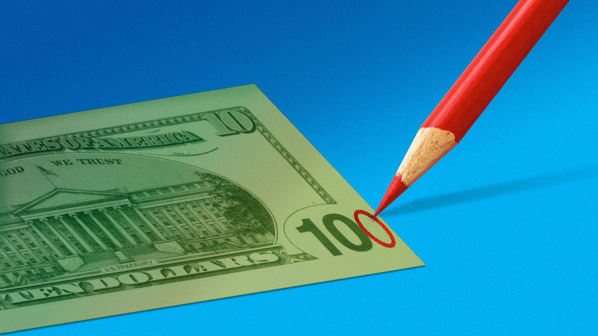 Image of a red pencil adding an additional "0" to a 10 dollar bill.
