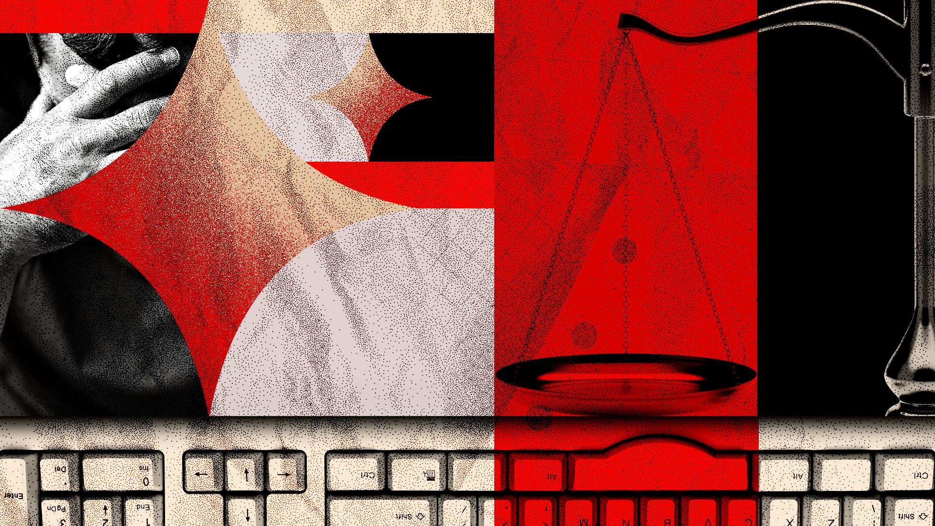 Illustrated collage featured a scale, a keyboard, and a person with his head in his hands, surrounded by AI sparkles and various rectangles