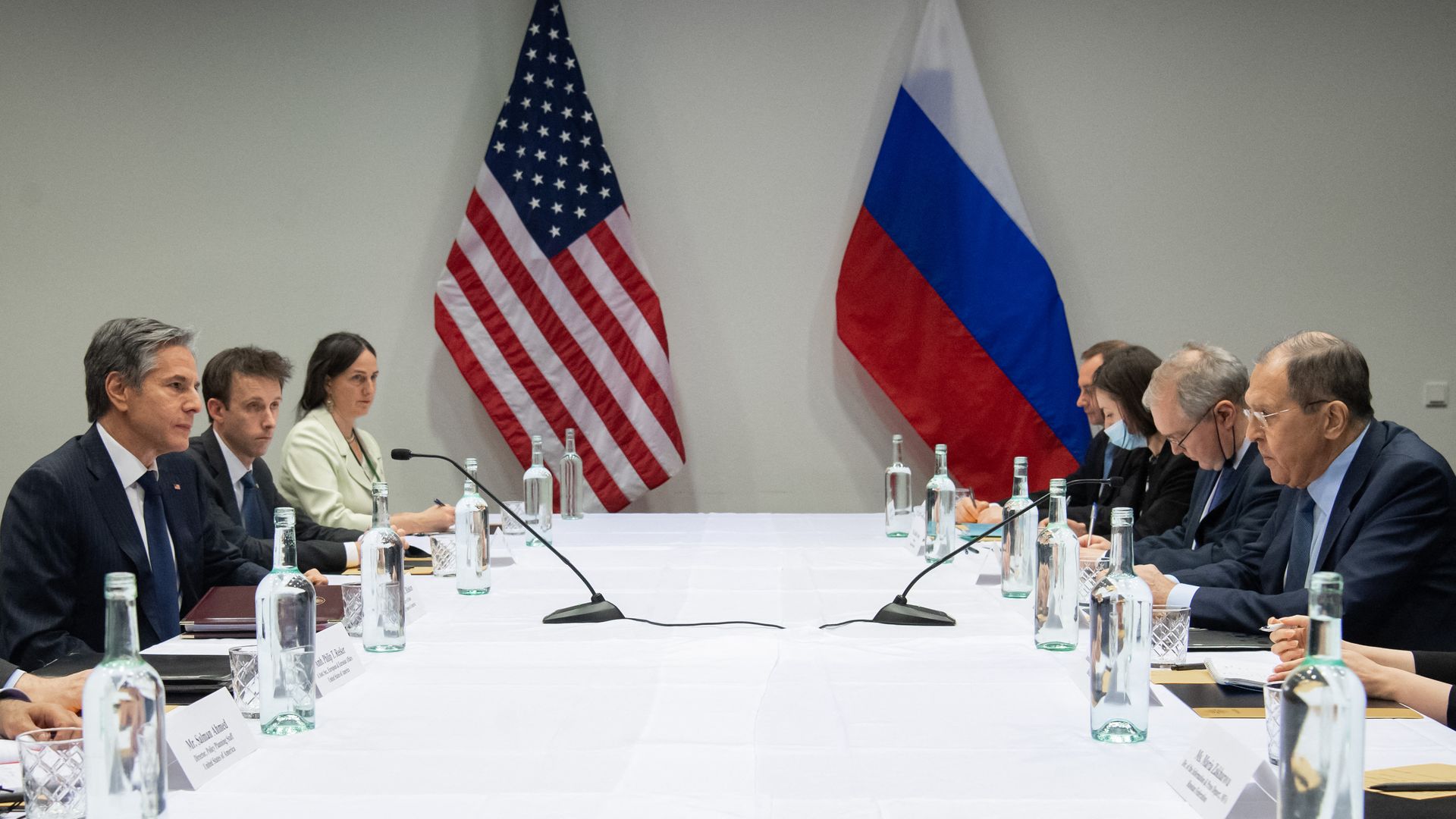Antony Blinken (L) meets with Russian Foreign Minister Sergey Lavrov (R) at the Harpa Concert Hall in Reykjavik, Iceland, May 19, 2021, 