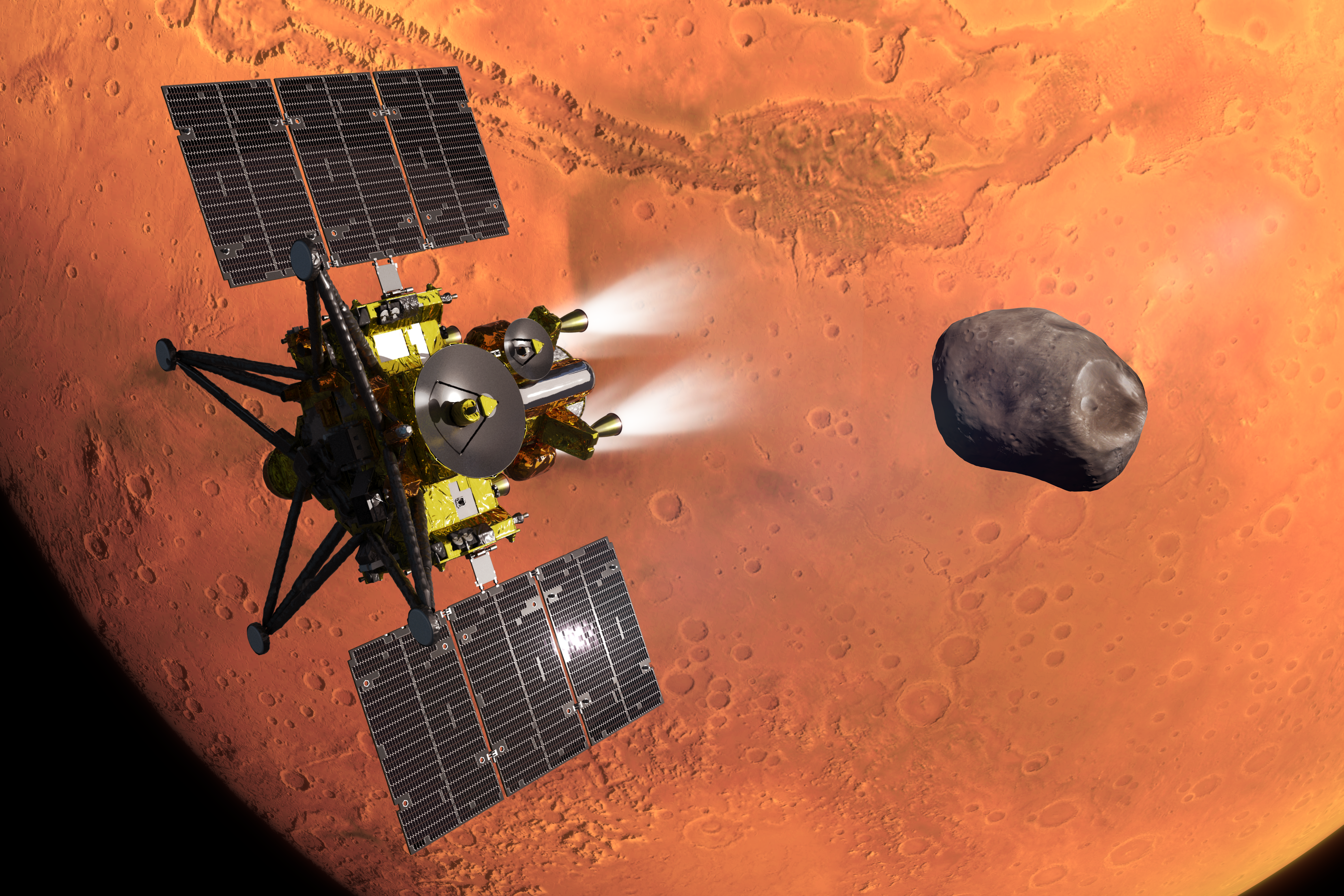 A rendering of Japan's MMX probe reaching Mars' moon Phobos.