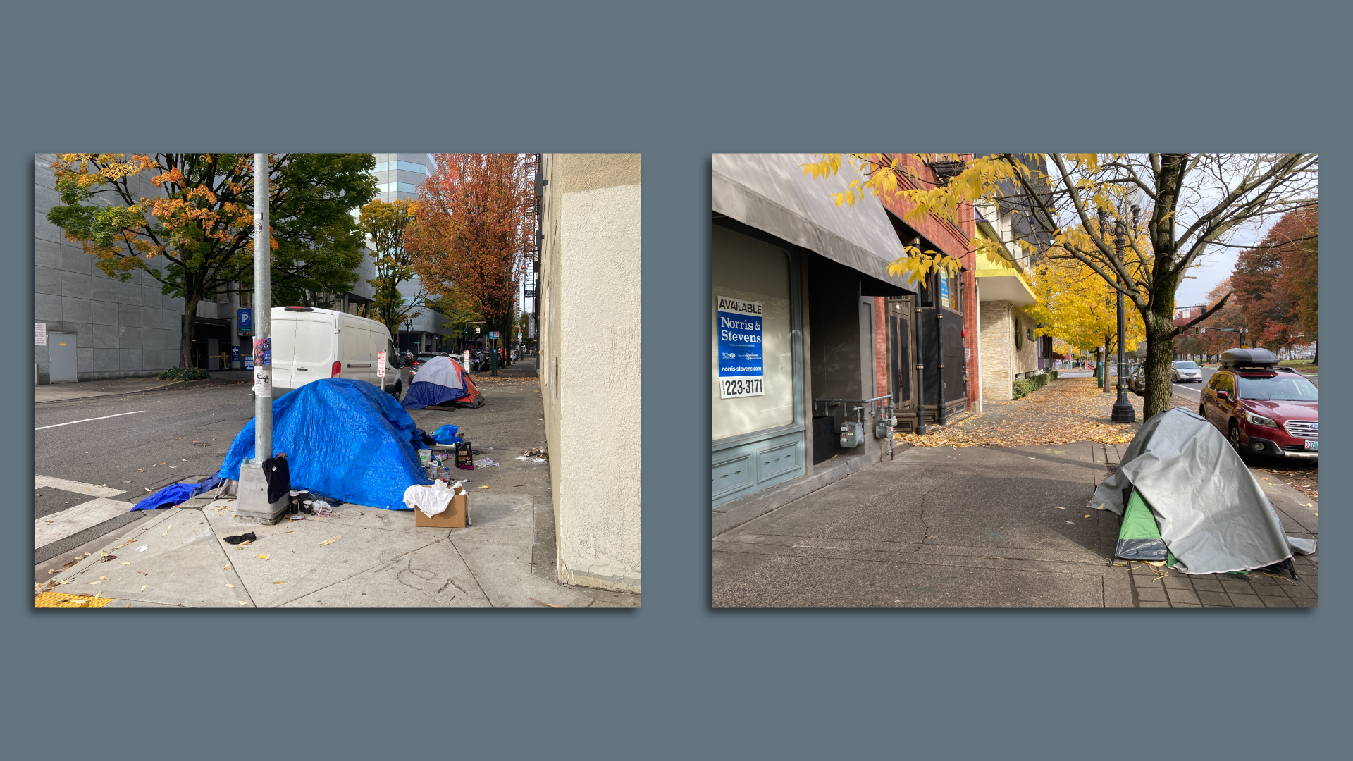 Two phots of tents on sidewalks, one with belongings in the center of the sidewalk and one with no nearby belongings and erected out of the pedestrian zone.