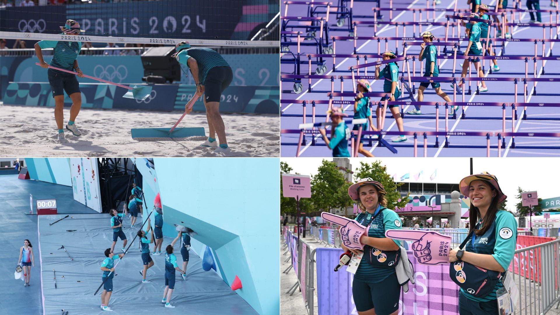 Collage of volunteers in teal uniforms at Paris 2024 Olympics: beach volleyball crew sweeping sand; lifting purple hurdles on track; cleaning rock climbing wall; smiling with pink foam hands near barriers at the entrance of a venue.