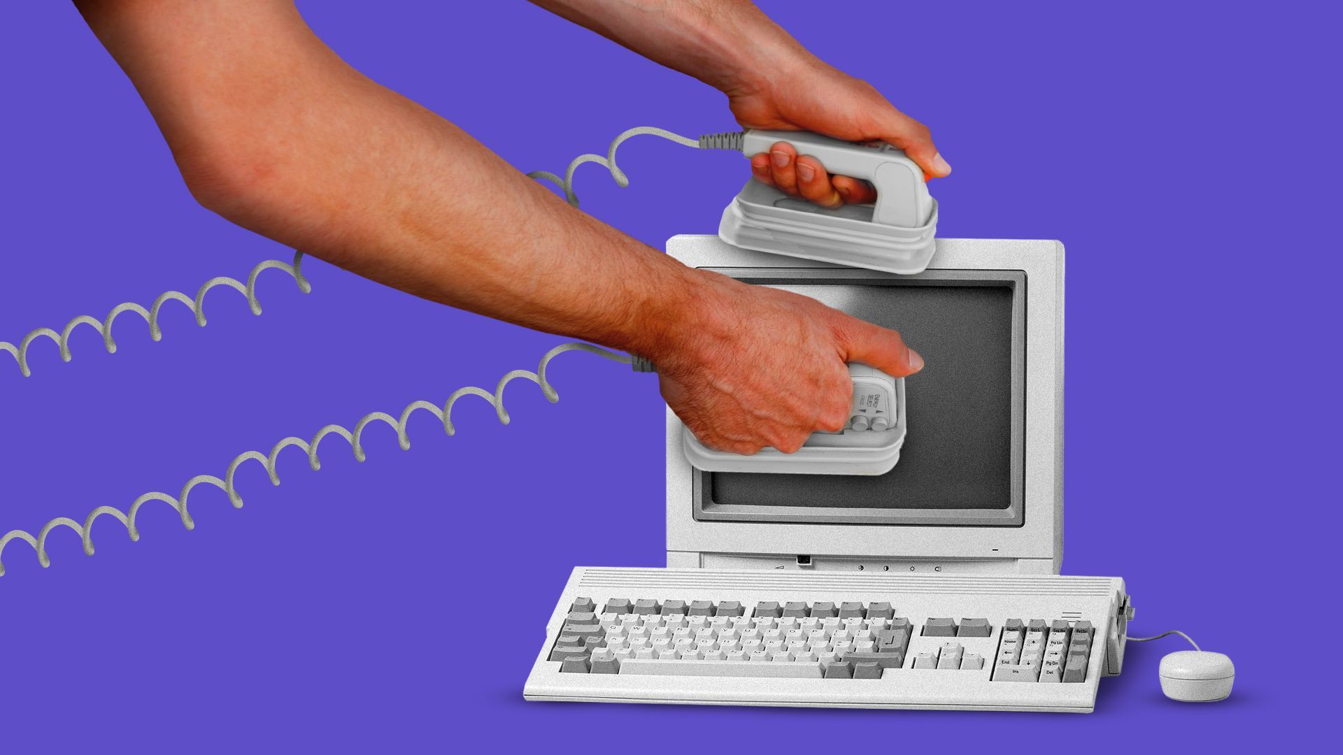 Illustration of hands using a defibrillator on an old CRT style computer. 