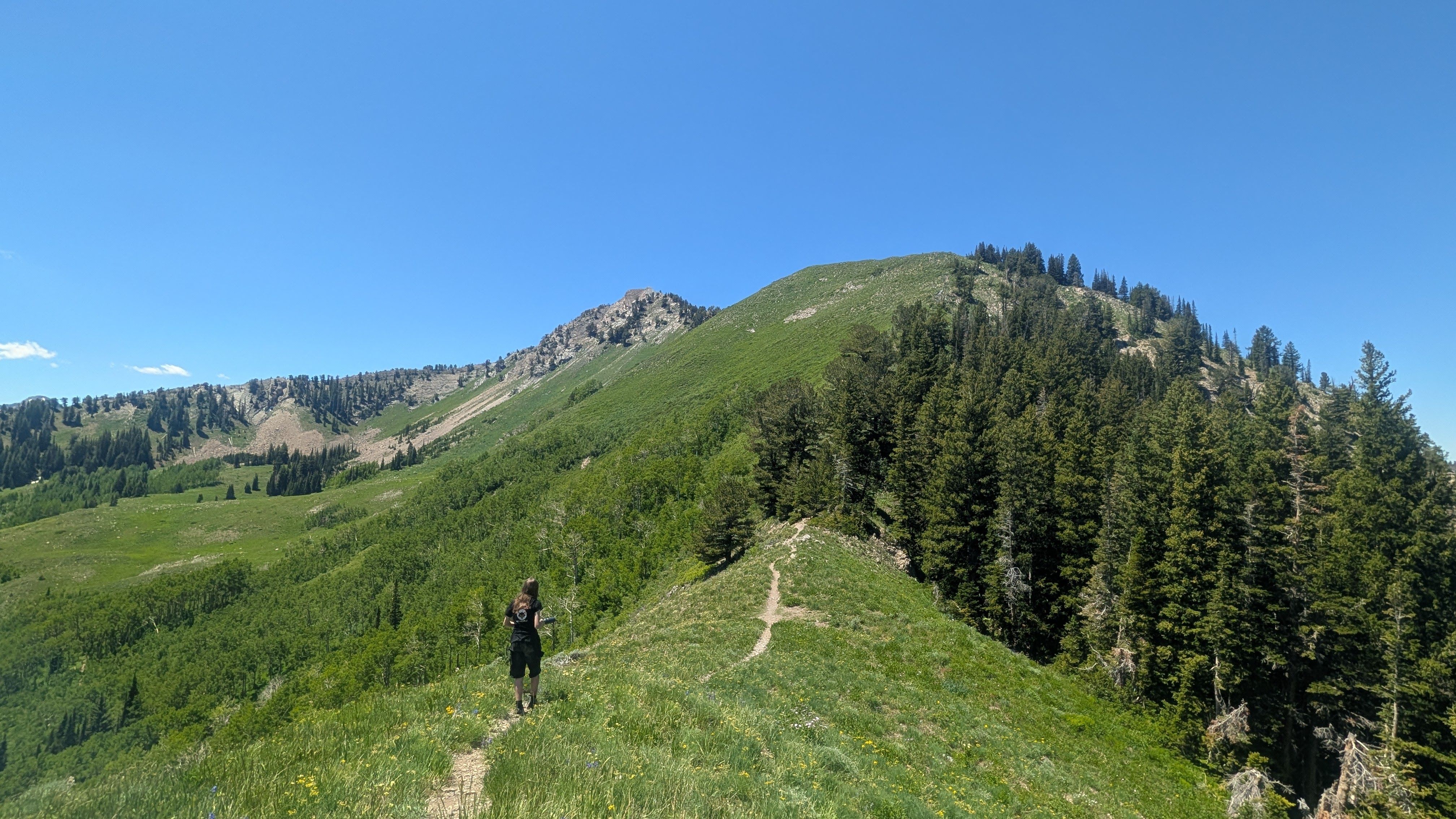 A teenage girl wearing black hikes on a trail toward a mountain peak.