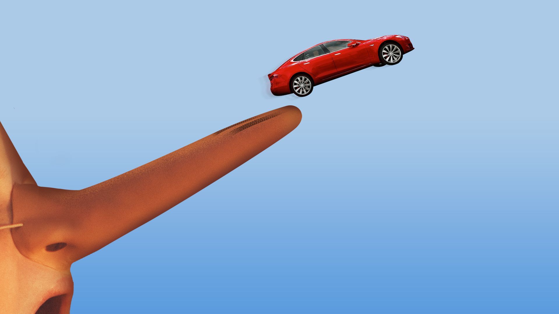 Photo illustration of a Tesla car driving off of a giant fake Pinnochio style nose in an upward trajectory. 