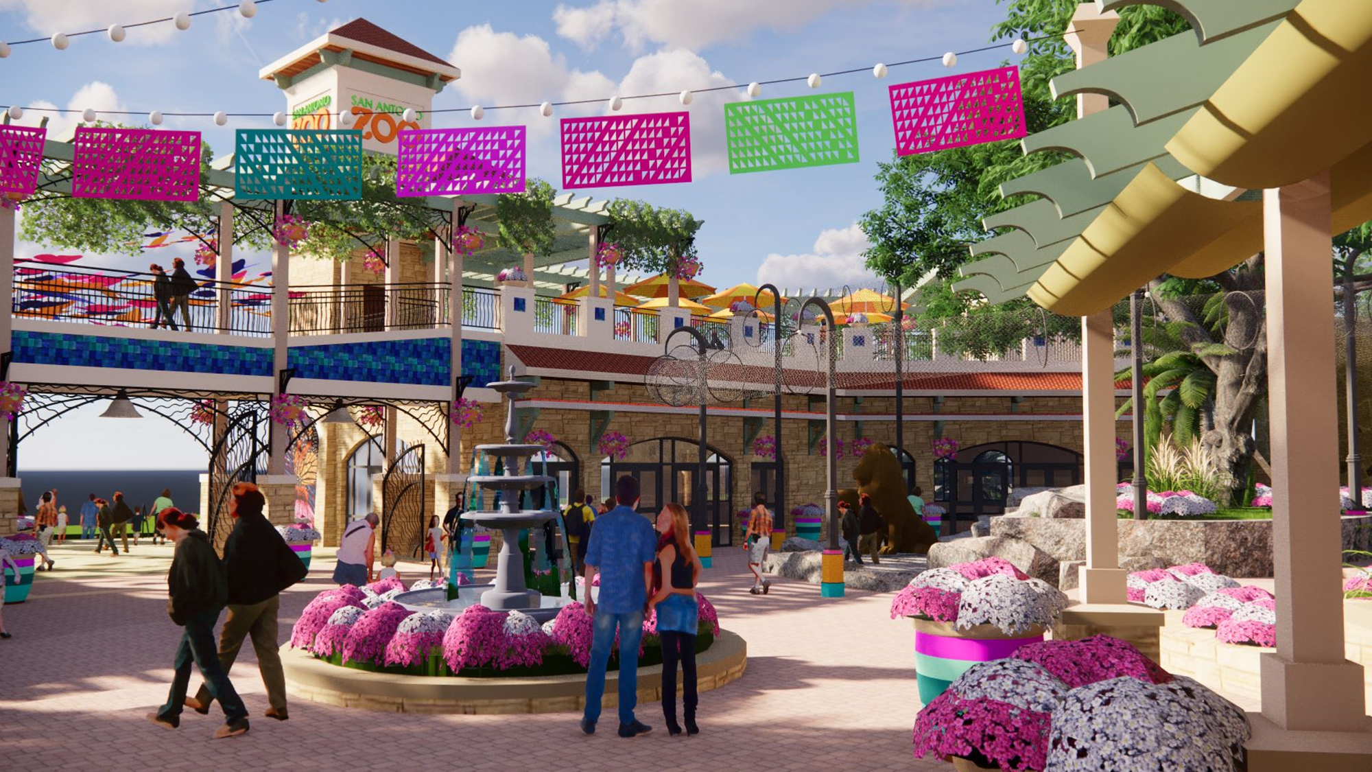 Rendering shows an interior view of the zoo's new entry plaza. 