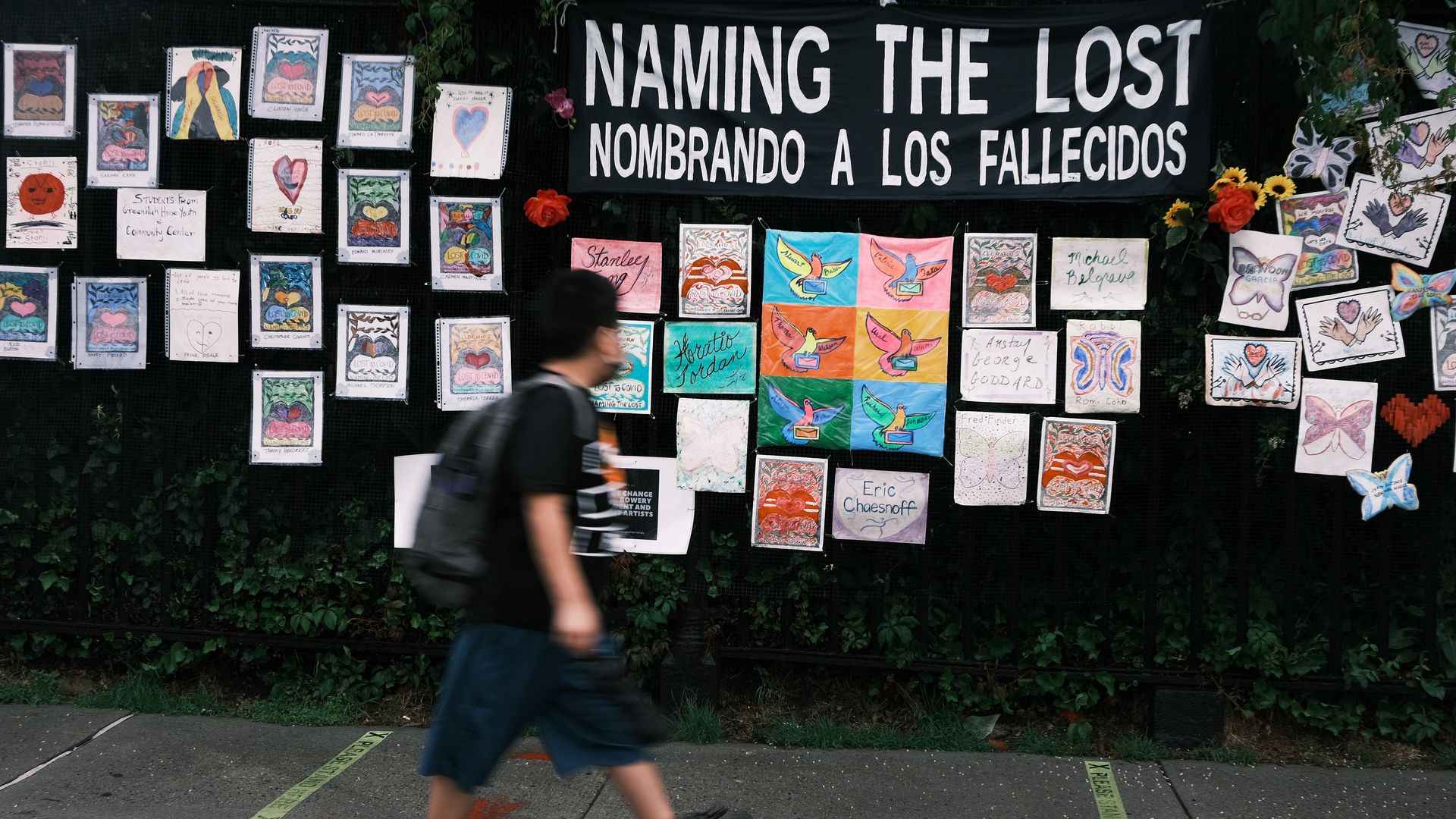 Memorials hang at Greenwood Cemetery, organized by Naming the Lost Memorials to honor the lives of those killed by the Covid-19 pandemic on June 08, 2021 in New York City.