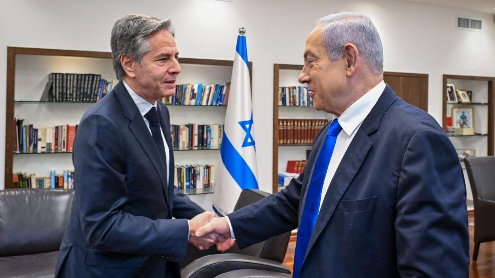 Israeli Prime Minister Benjamin Netanyahu welcomes the U.S. Secretary of State Antony Blinken in Tel Aviv. Photo: Handout/Israeli GPO/Kobi Gideon/Anadolu via Getty Images