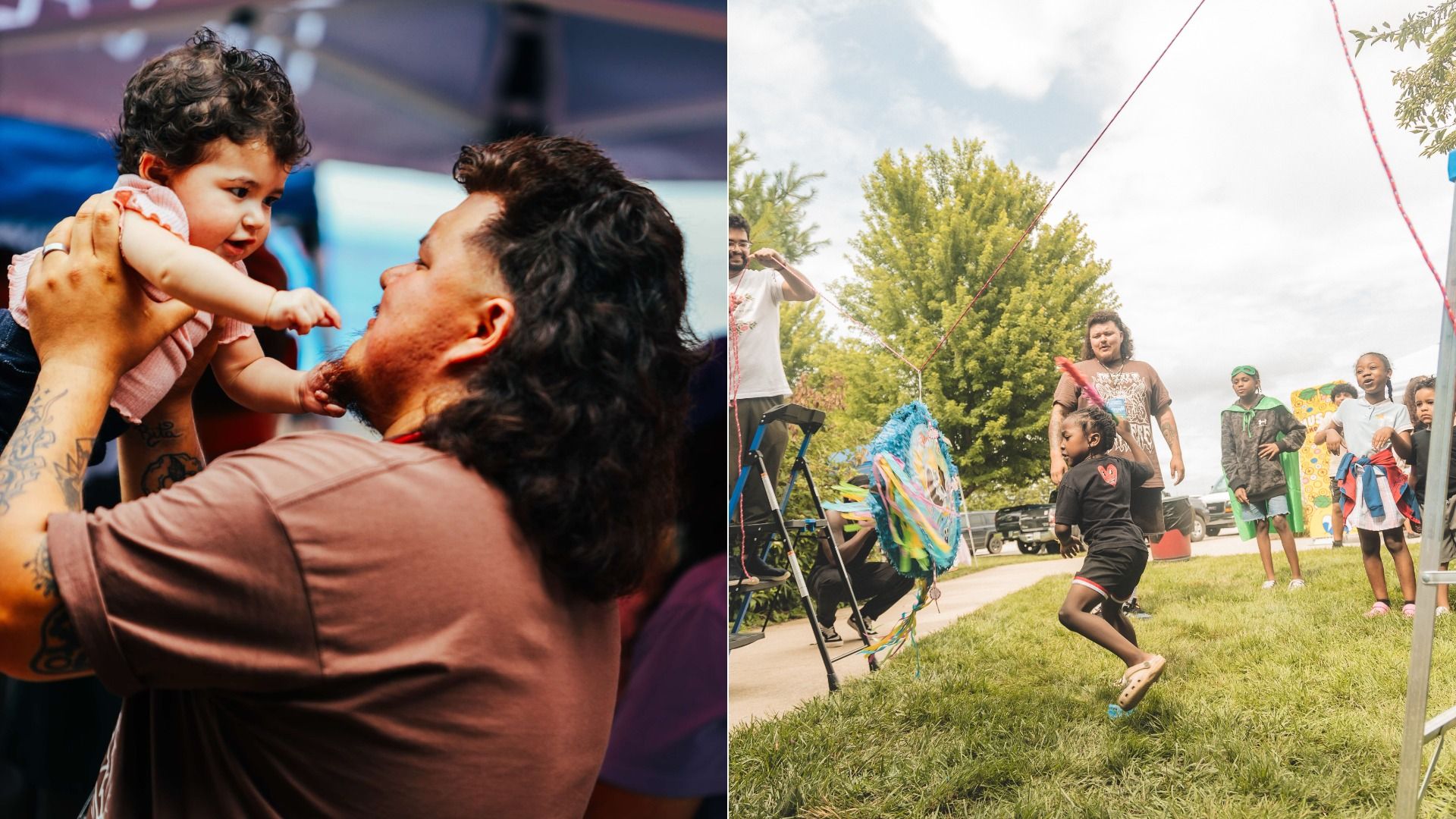 Siricasso holding a baby (left) and a kid getting ready to hit a pinata (right)